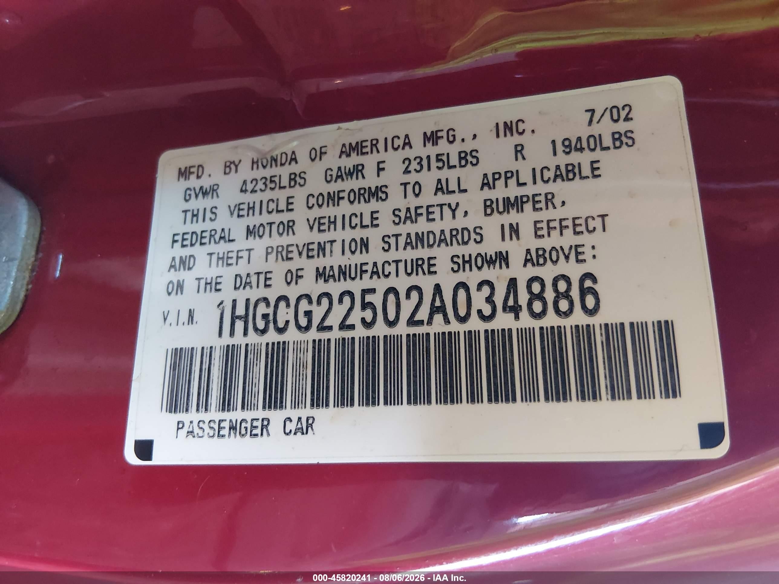 2002 Honda Accord 3.0 Ex Red vin: 1HGCG22502A034886