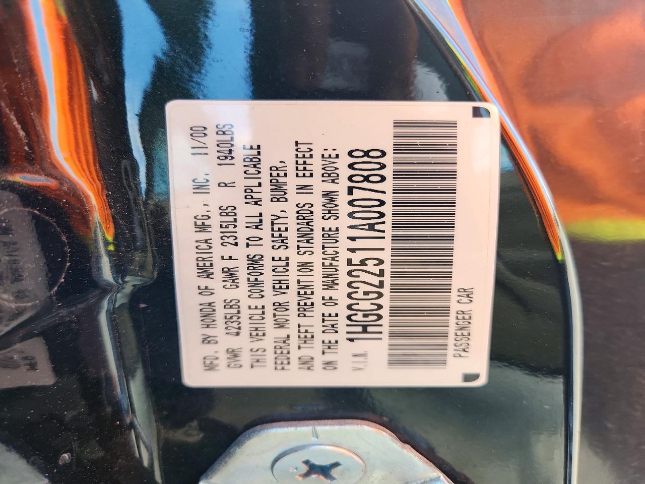 2001 Honda Accord Ex Green vin: 1HGCG22511A007808