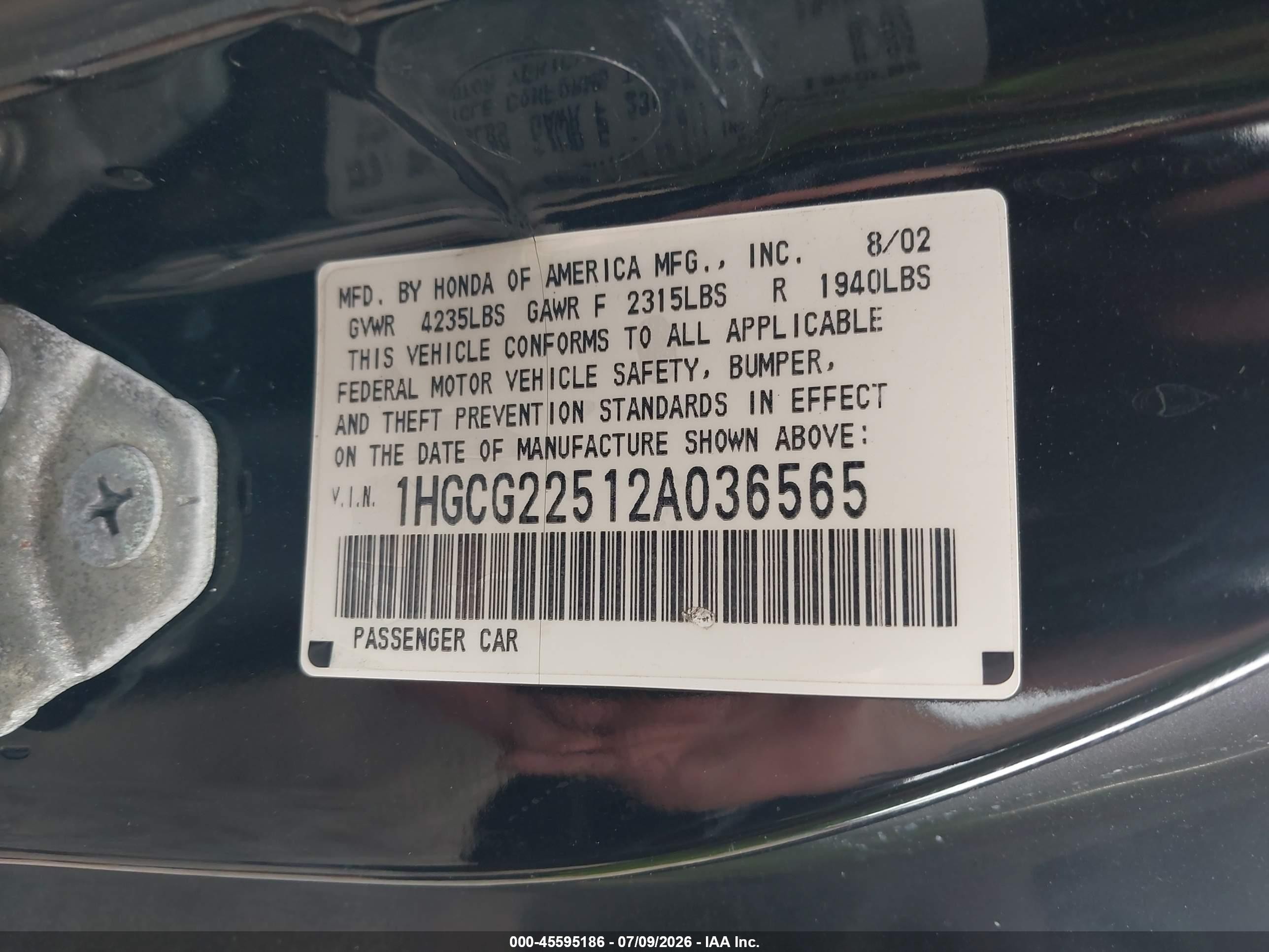 2002 Honda Accord 3.0 Ex Black vin: 1HGCG22512A036565