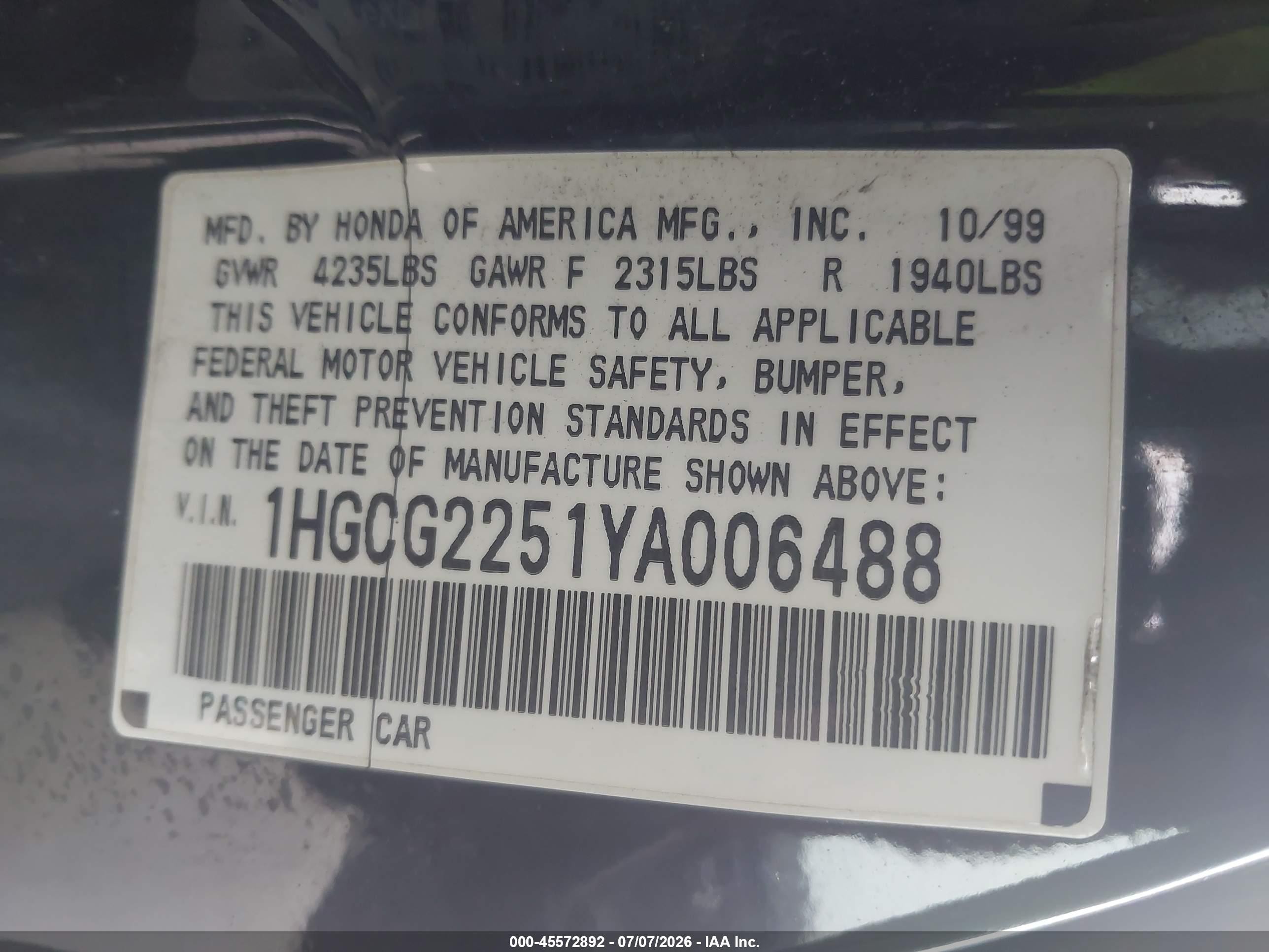 2000 Honda Accord 3.0 Ex Black vin: 1HGCG2251YA006488