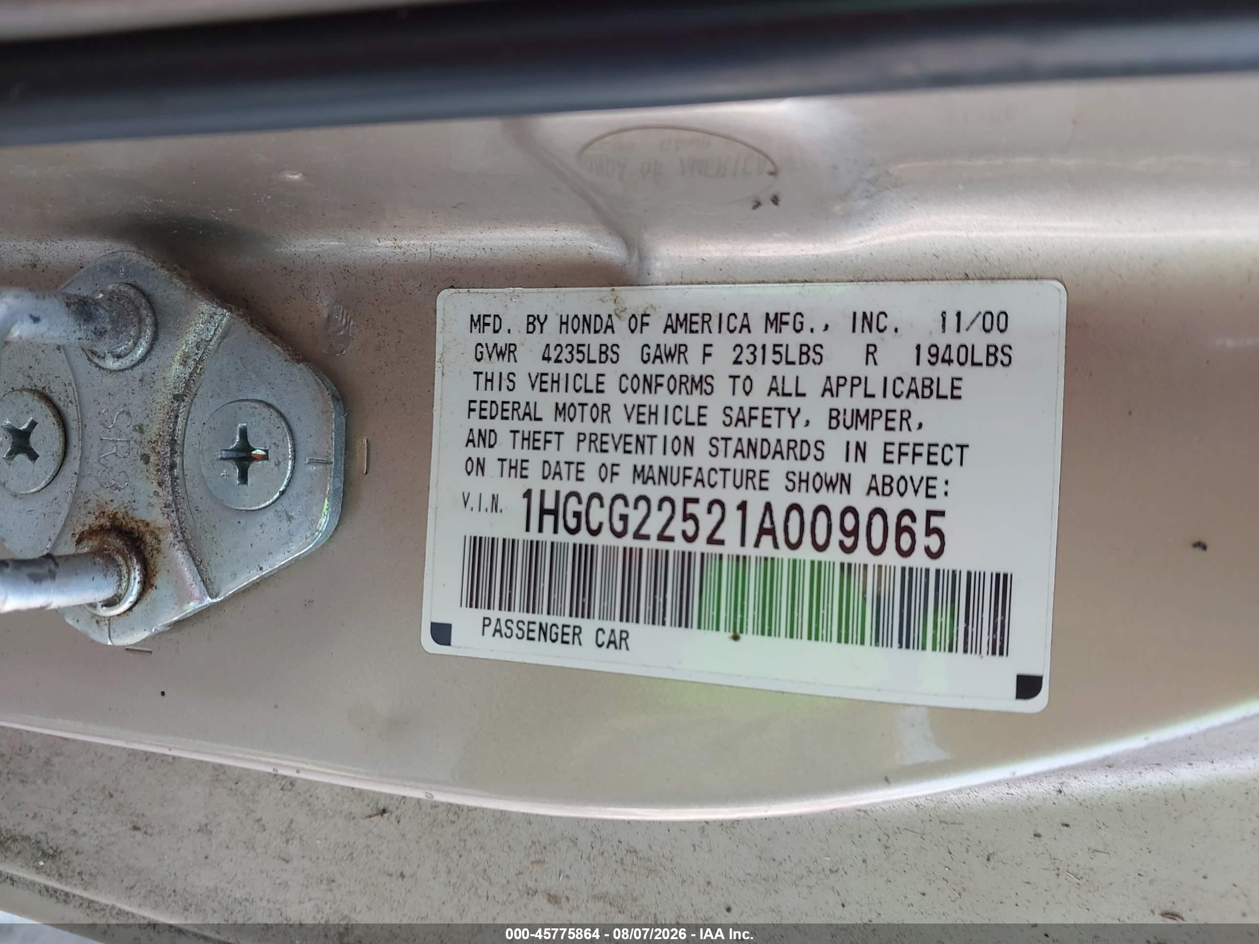 2001 Honda Accord 3.0 Ex Gold vin: 1HGCG22521A009065
