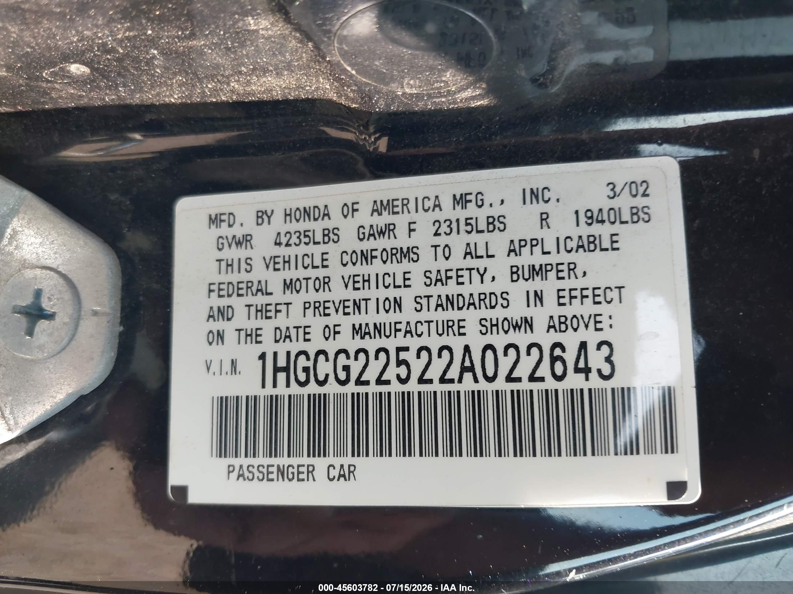 2002 Honda Accord 3.0 Ex Black vin: 1HGCG22522A022643
