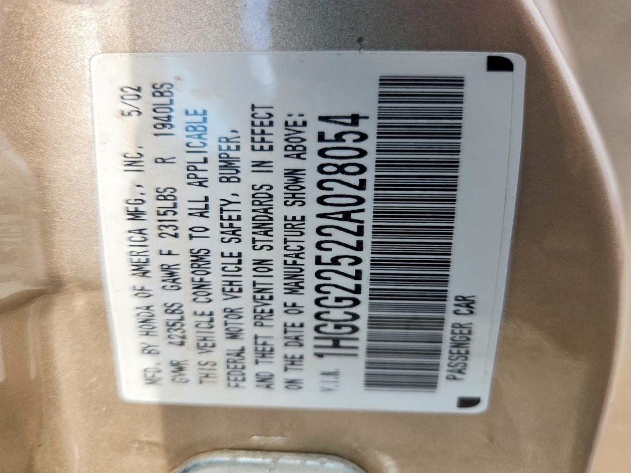 2002 Honda Accord Ex Gold vin: 1HGCG22522A028054