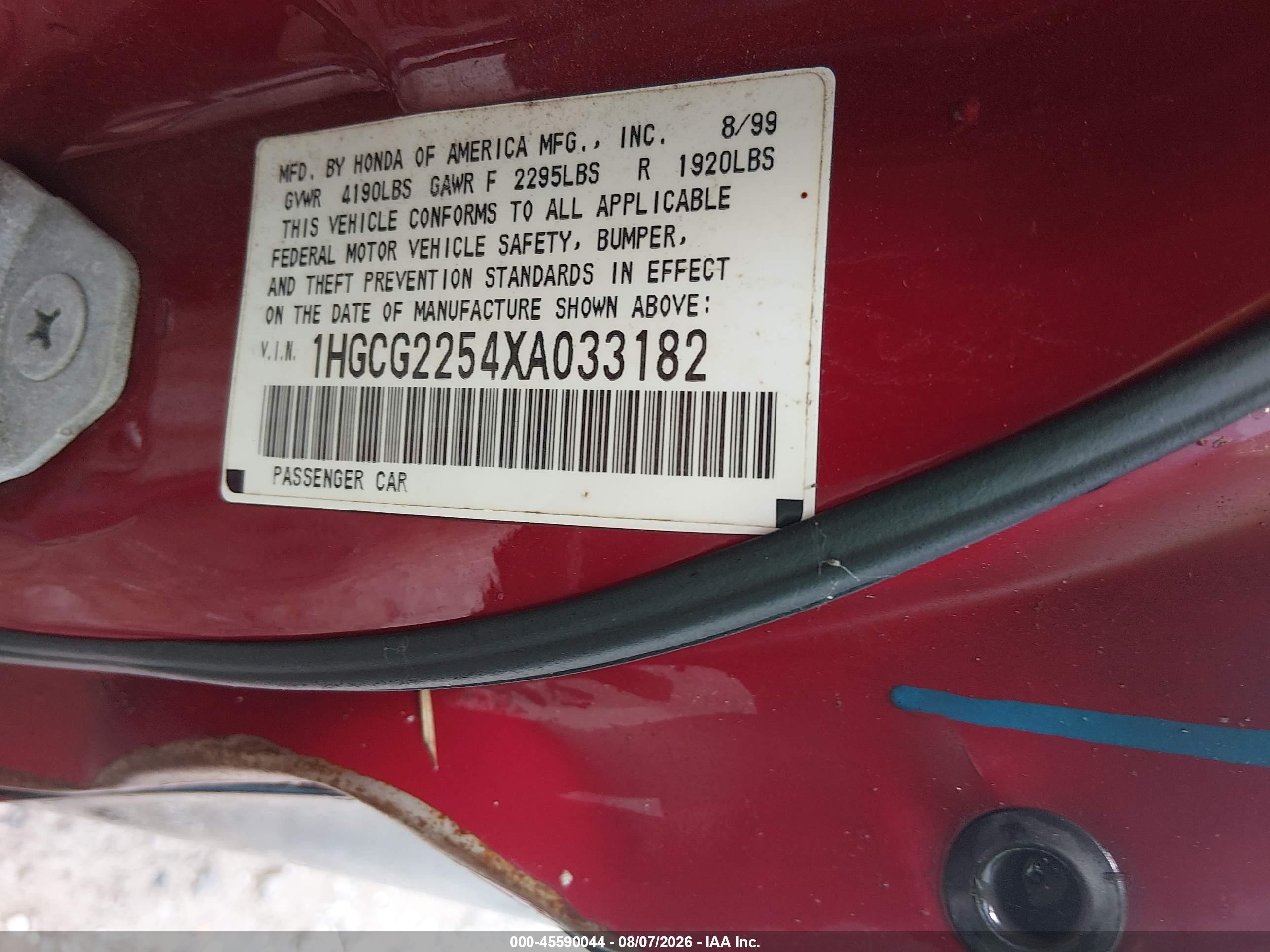 1999 Honda Accord Ex V6 Серый vin: 1HGCG2254XA033182
