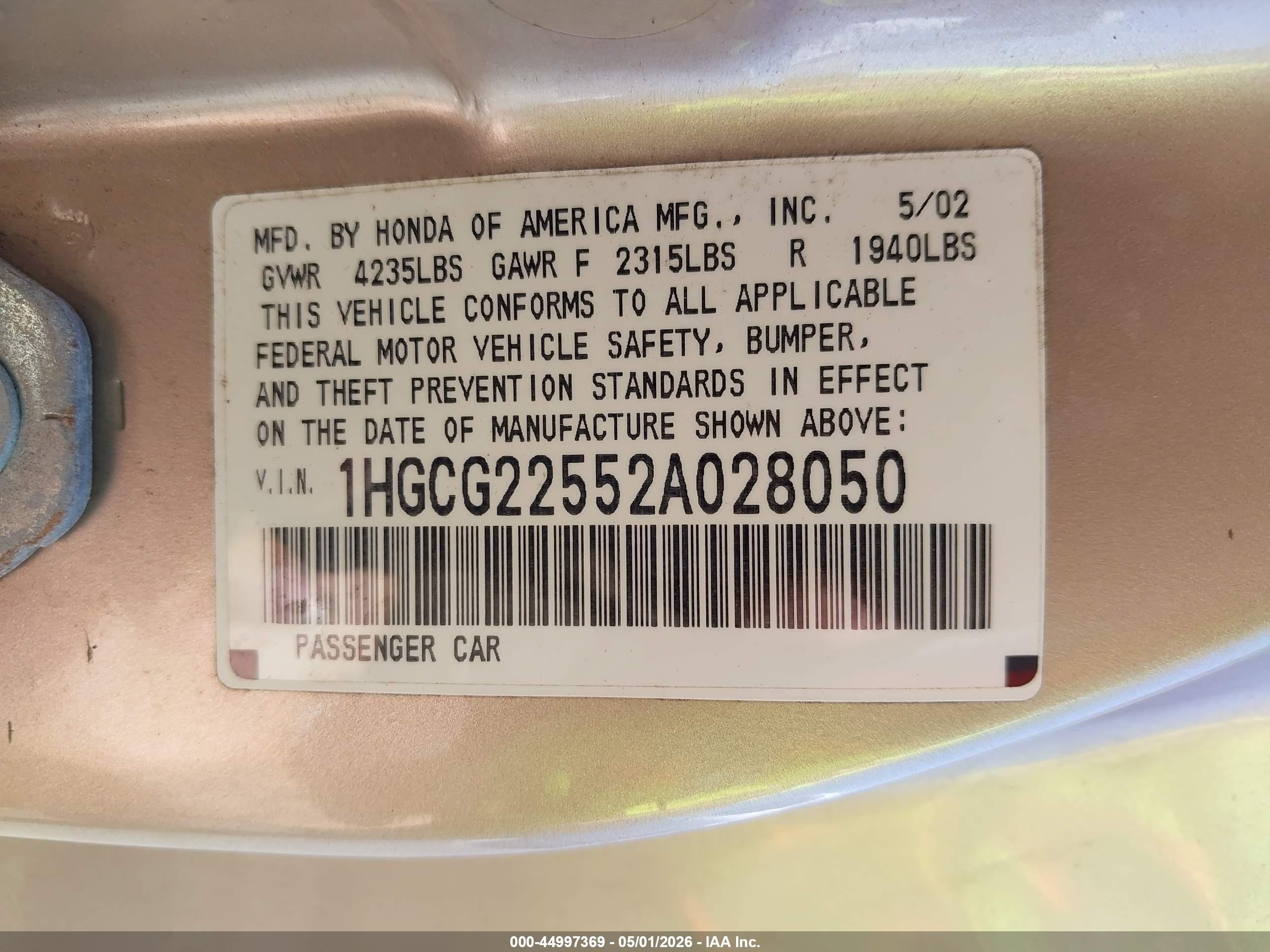 2002 Honda Accord 3.0 Ex Gold vin: 1HGCG22552A028050