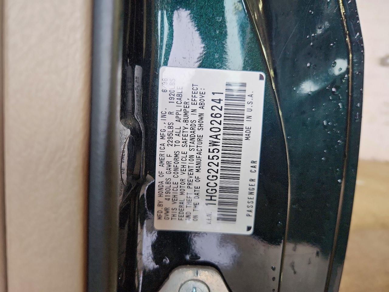 1998 Honda Accord Ex Green vin: 1HGCG2255WA026241
