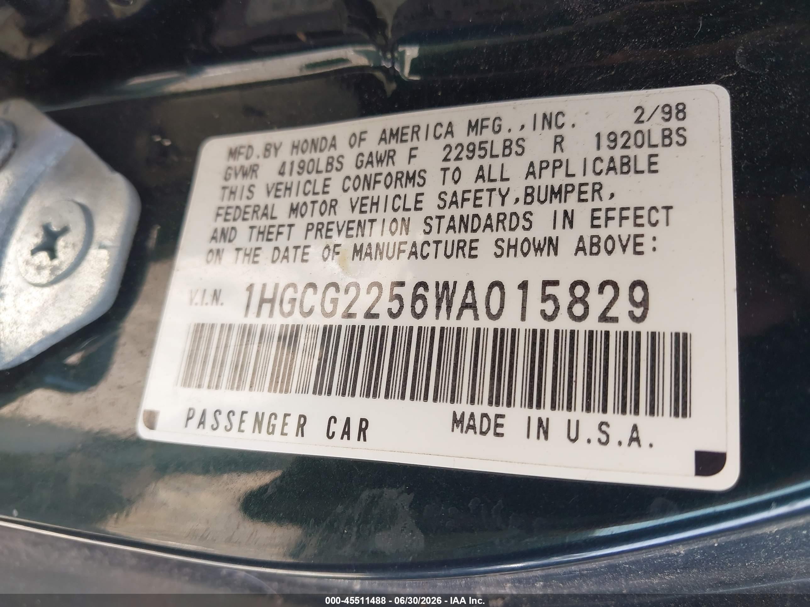 1998 Honda Accord Ex V6 Green vin: 1HGCG2256WA015829