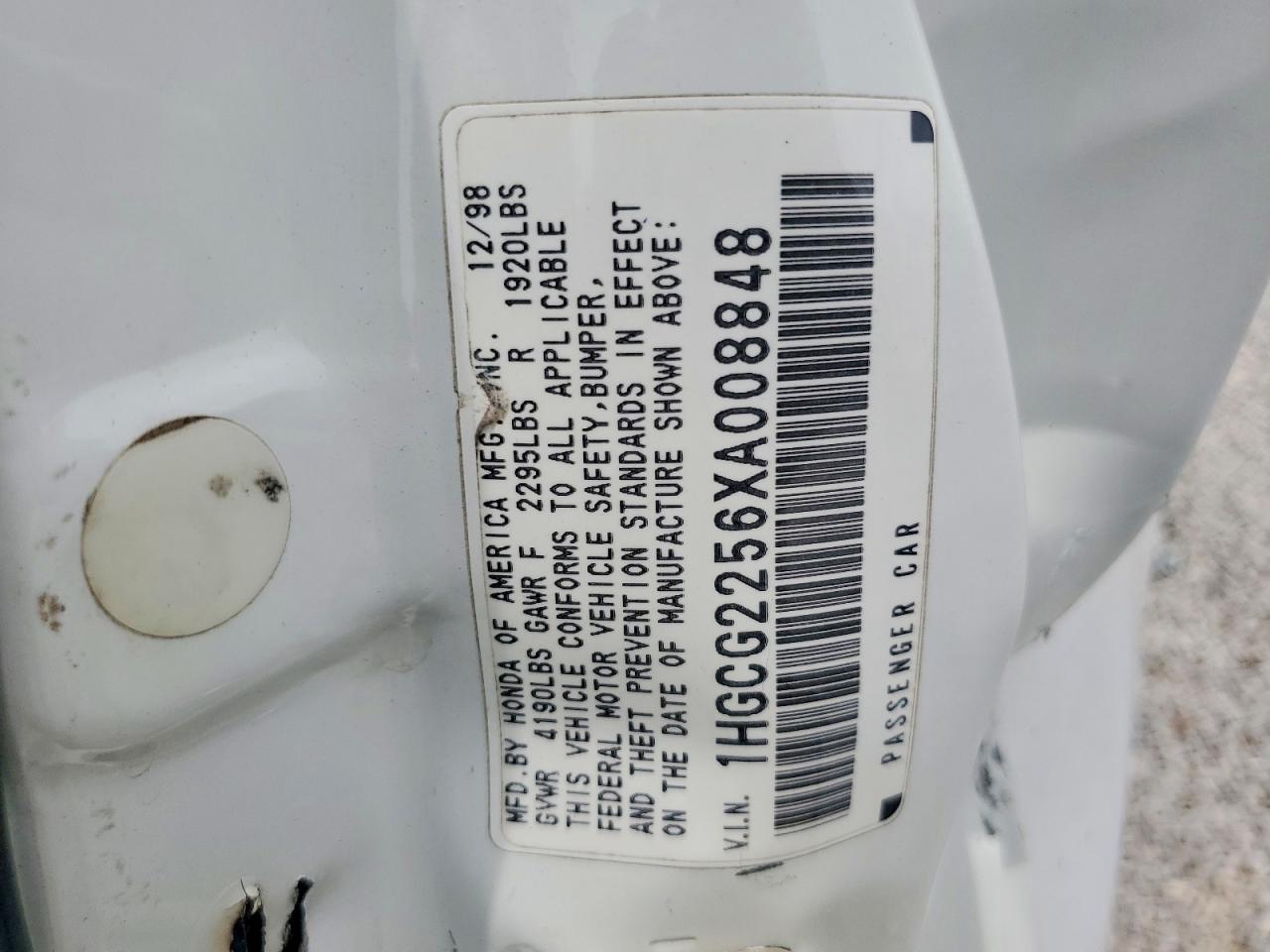 1999 Honda Accord White vin: 1HGCG2256XA008848
