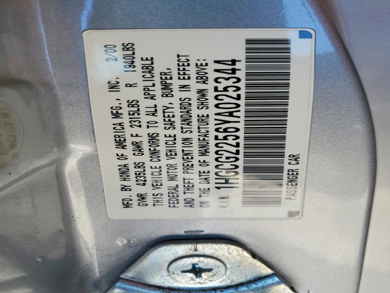 2000 Honda Accord Ex Silver vin: 1HGCG2256YA025344