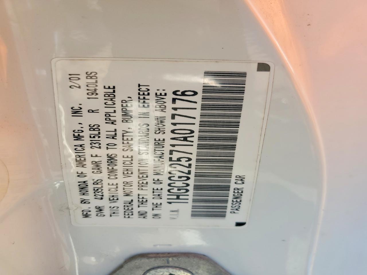 2001 Honda Accord Ex White vin: 1HGCG22571A017176