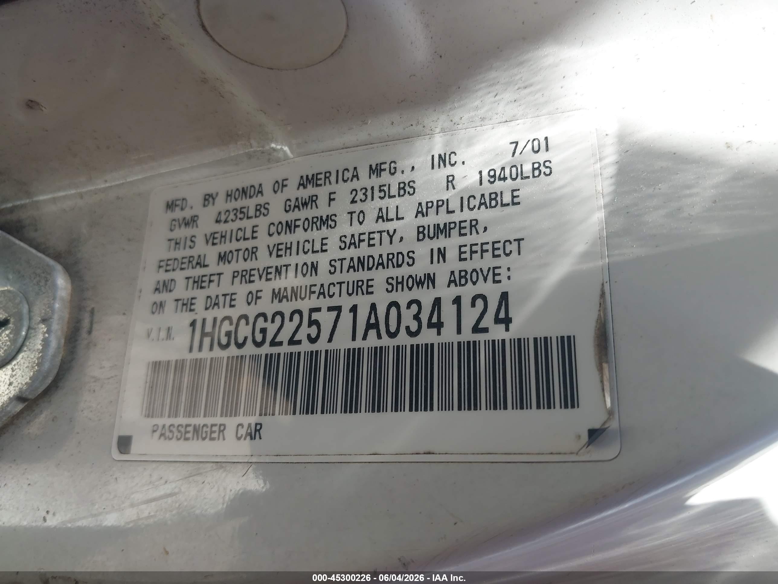 2001 Honda Accord 3.0 Ex White vin: 1HGCG22571A034124