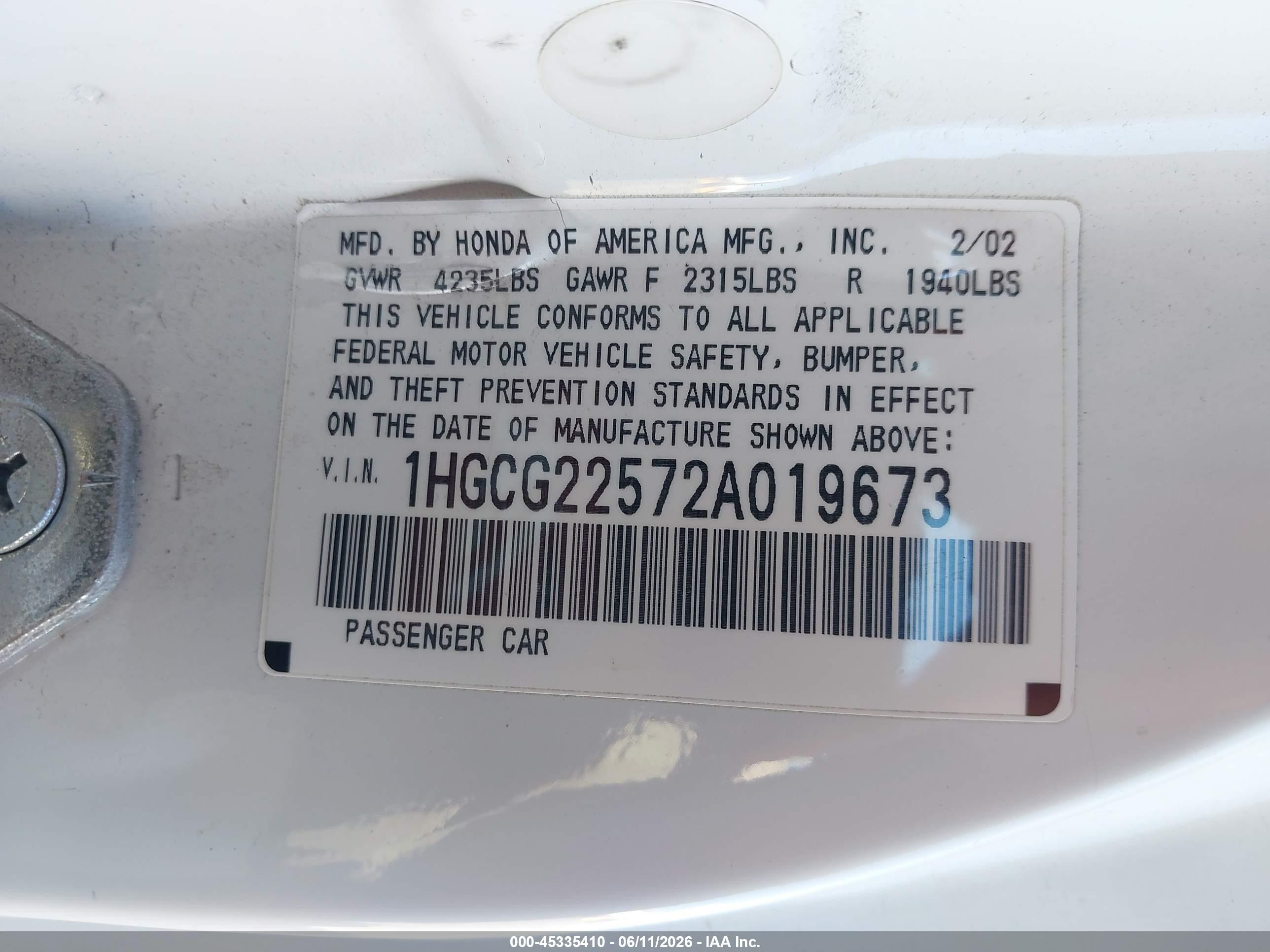 2002 Honda Accord 3.0 Ex Белый vin: 1HGCG22572A019673
