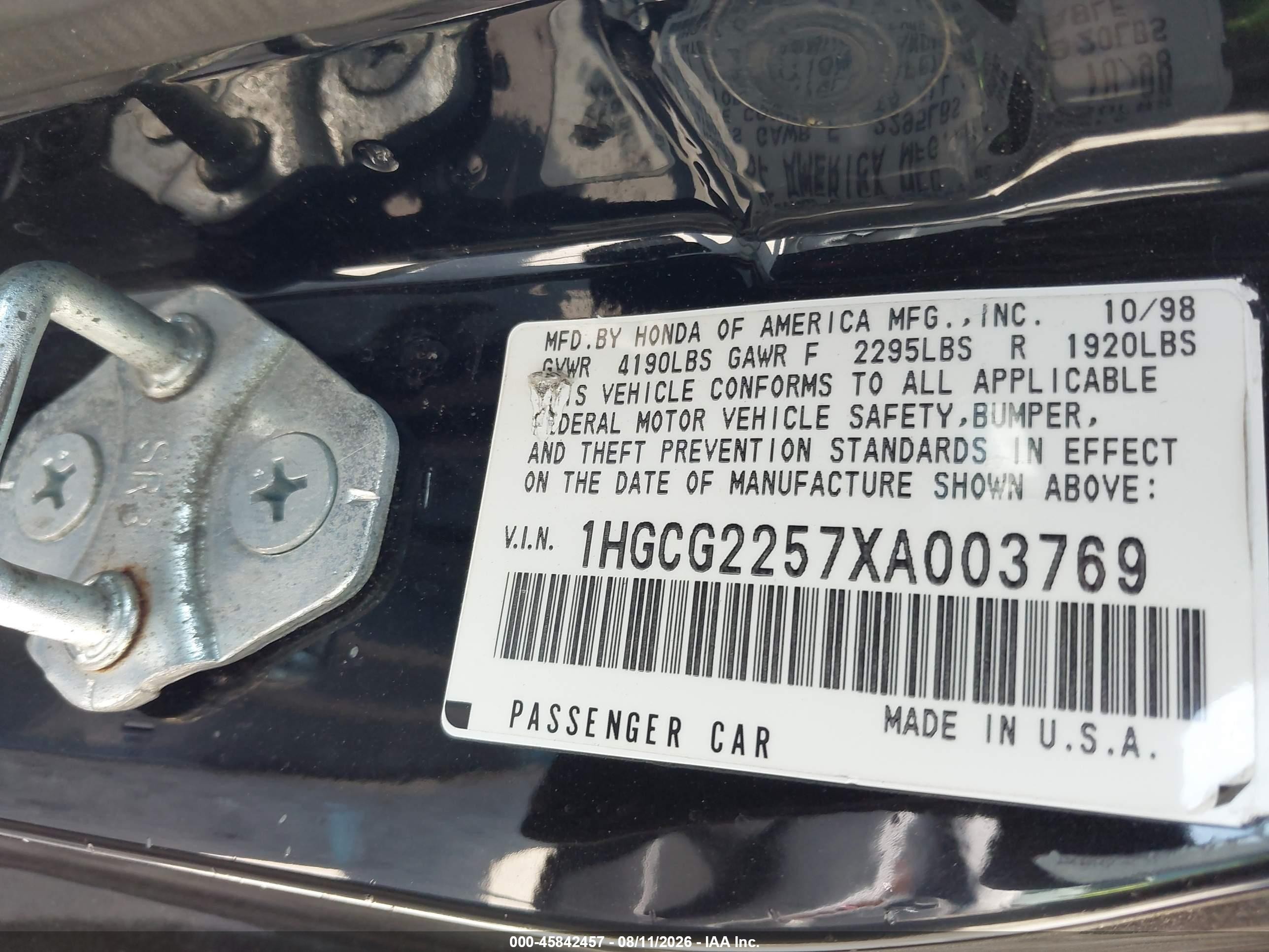 1999 Honda Accord Ex V6 Черный vin: 1HGCG2257XA003769