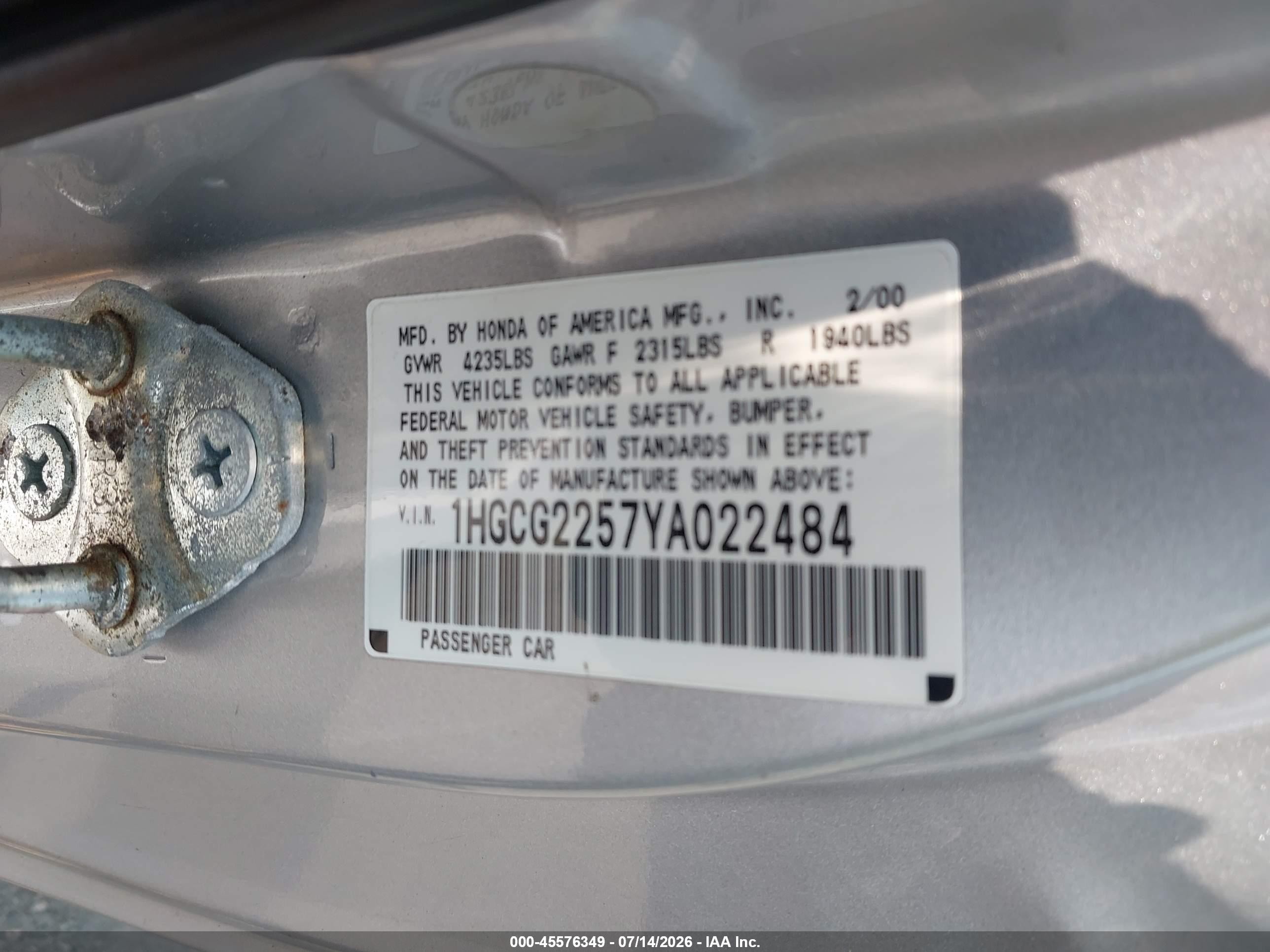 2000 Honda Accord 3.0 Ex Silver vin: 1HGCG2257YA022484
