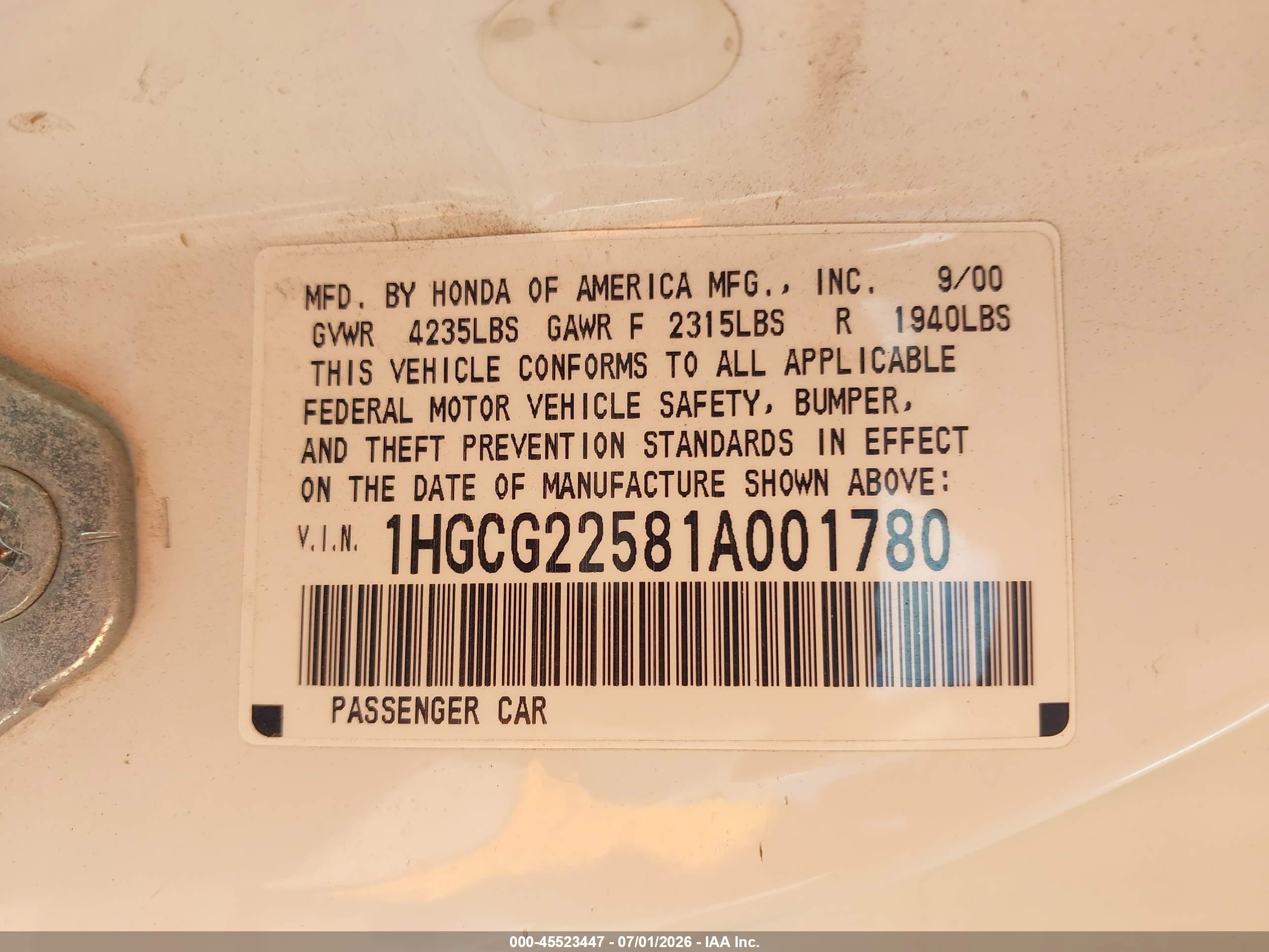 2001 Honda Accord 3.0 Ex White vin: 1HGCG22581A001780