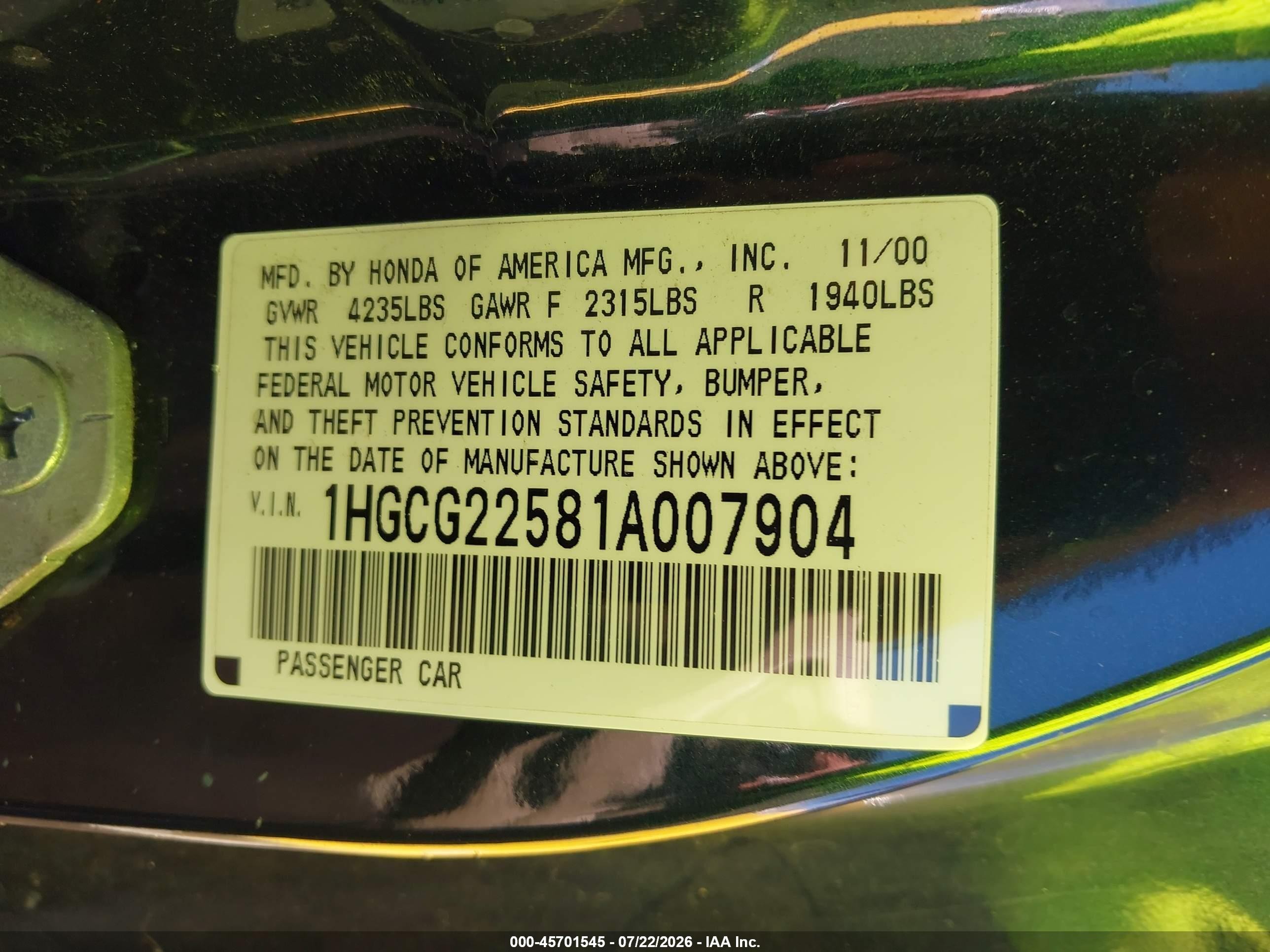2001 Honda Accord 3.0 Ex Green vin: 1HGCG22581A007904