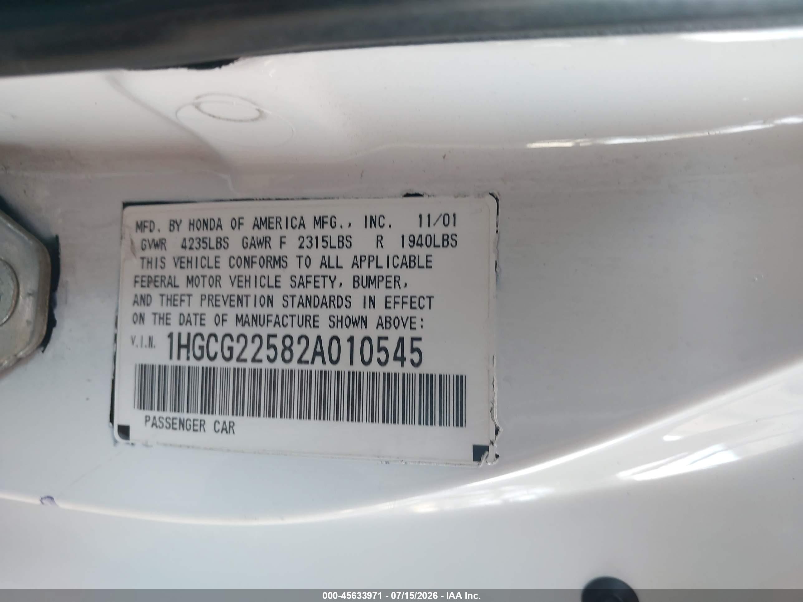 2002 Honda Accord 3.0 Ex White vin: 1HGCG22582A010545