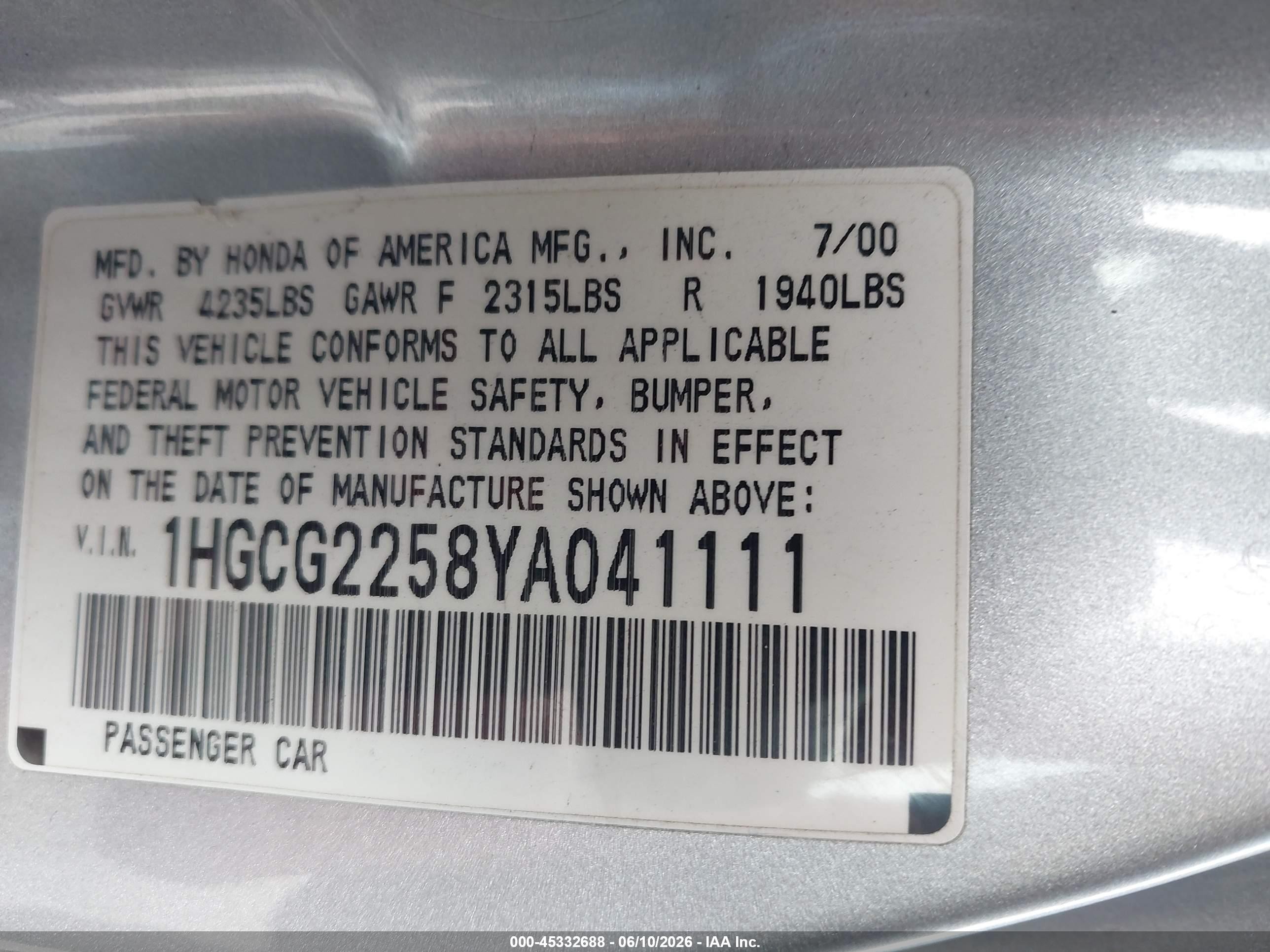 2000 Honda Accord 3.0 Ex Silver vin: 1HGCG2258YA041111