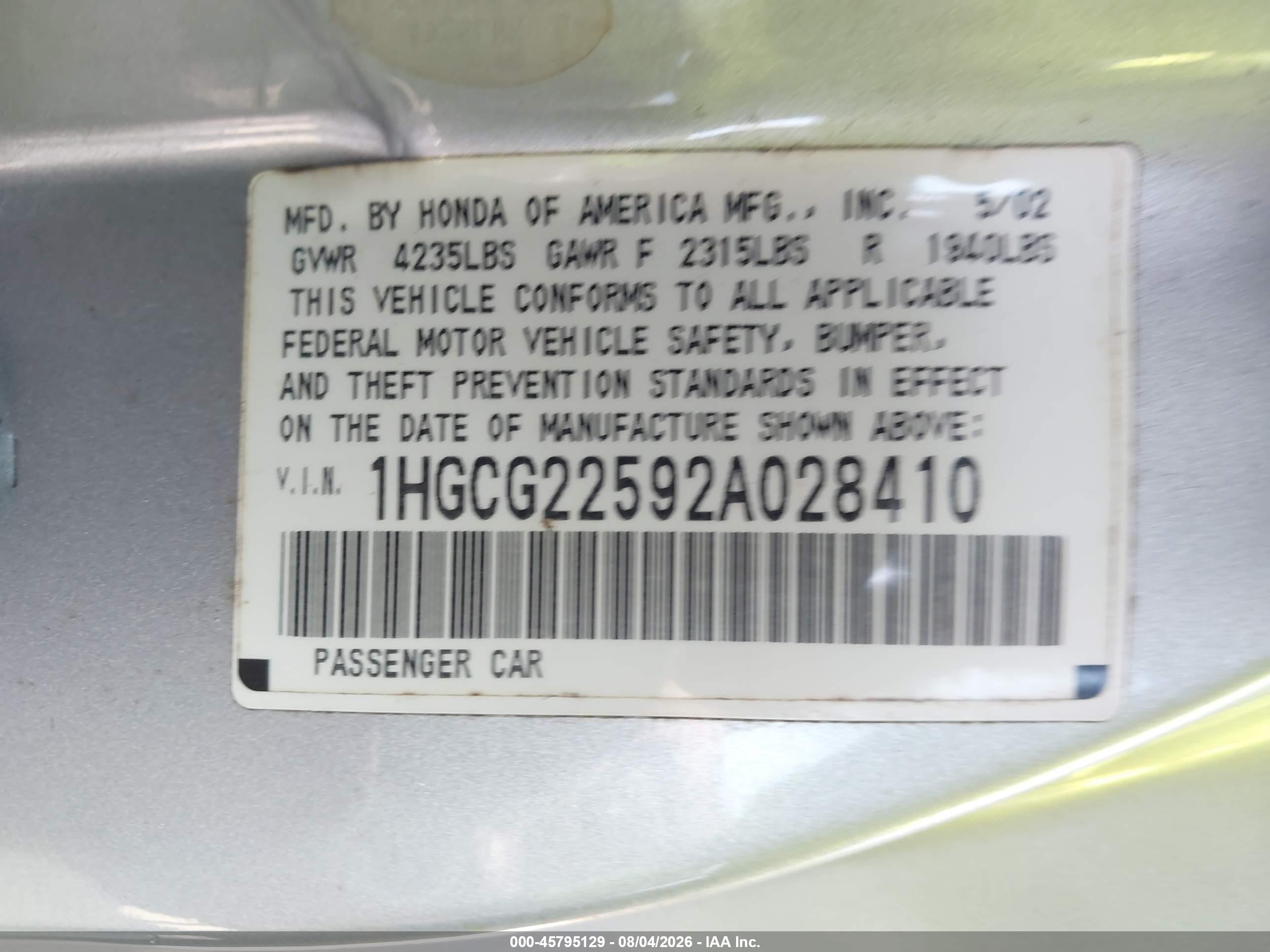 2002 Honda Accord 3.0 Ex Silver vin: 1HGCG22592A028410