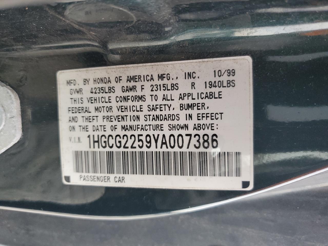 2000 Honda Accord Ex Green vin: 1HGCG2259YA007386