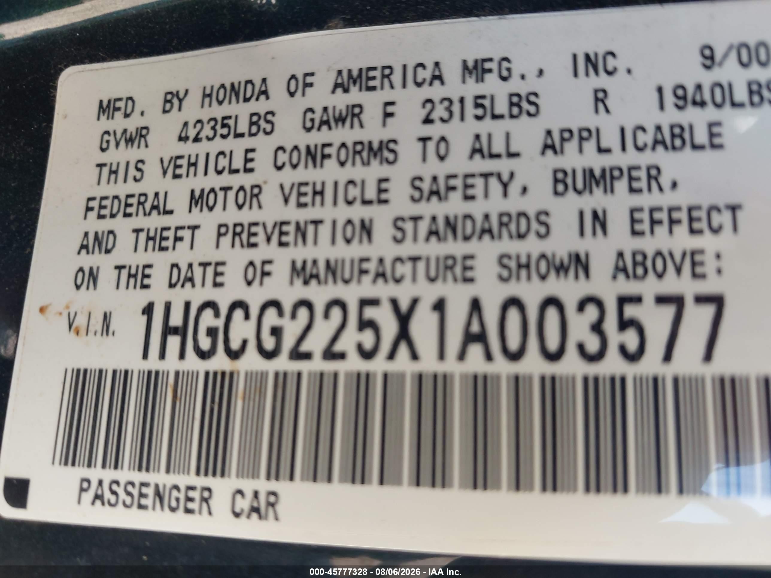 2001 Honda Accord 3.0 Ex Green vin: 1HGCG225X1A003577