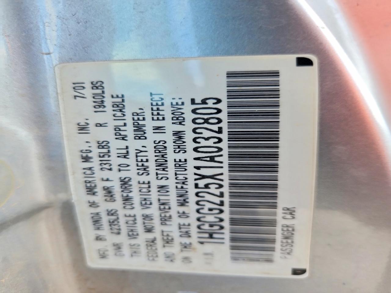 2001 Honda Accord Ex Silver vin: 1HGCG225X1A032805