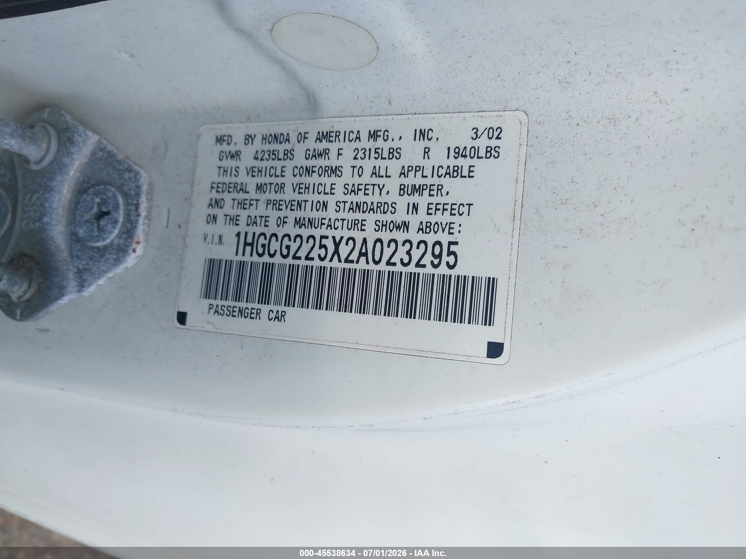 2002 Honda Accord 3.0 Ex White vin: 1HGCG225X2A023295