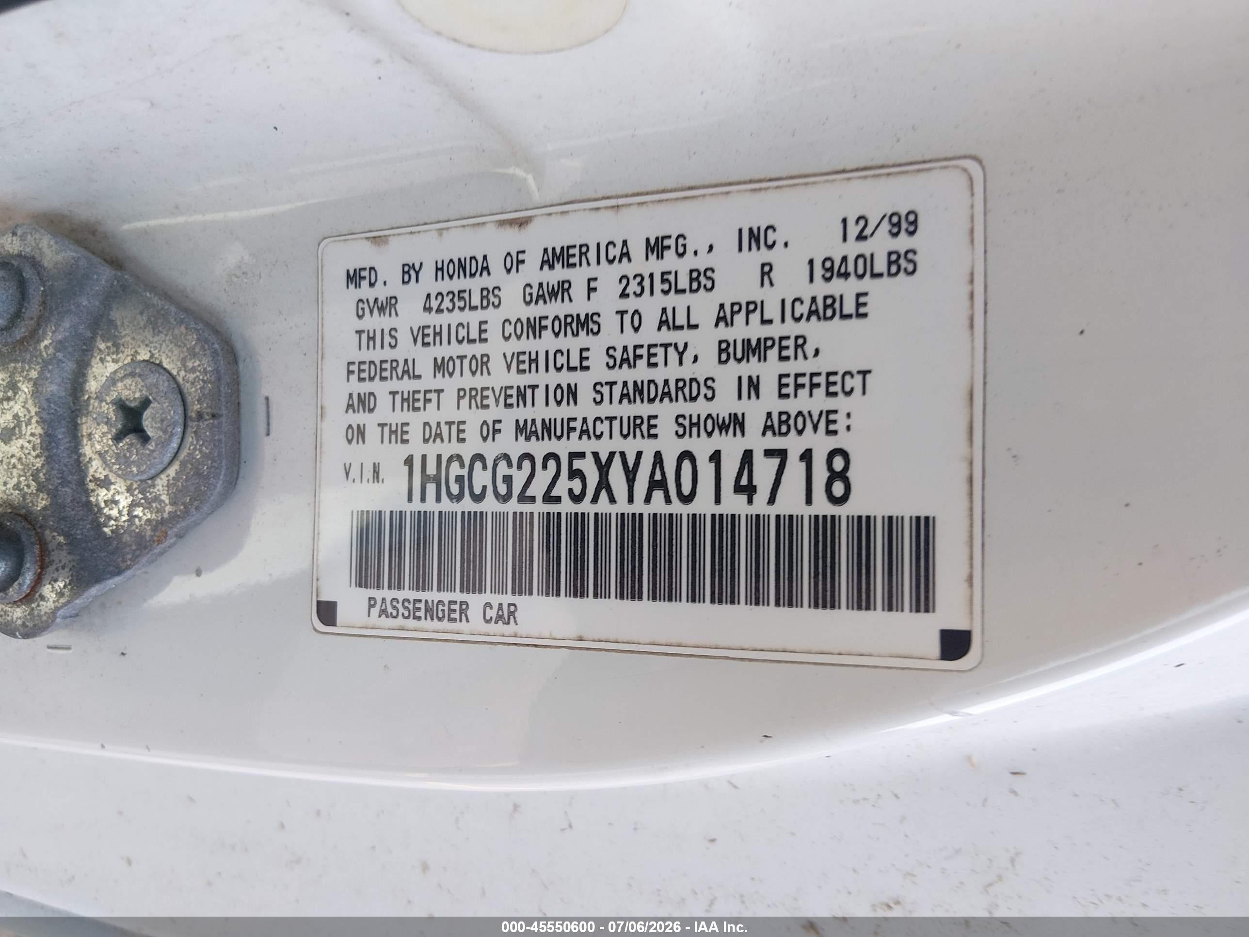2000 Honda Accord 3.0 Ex White vin: 1HGCG225XYA014718