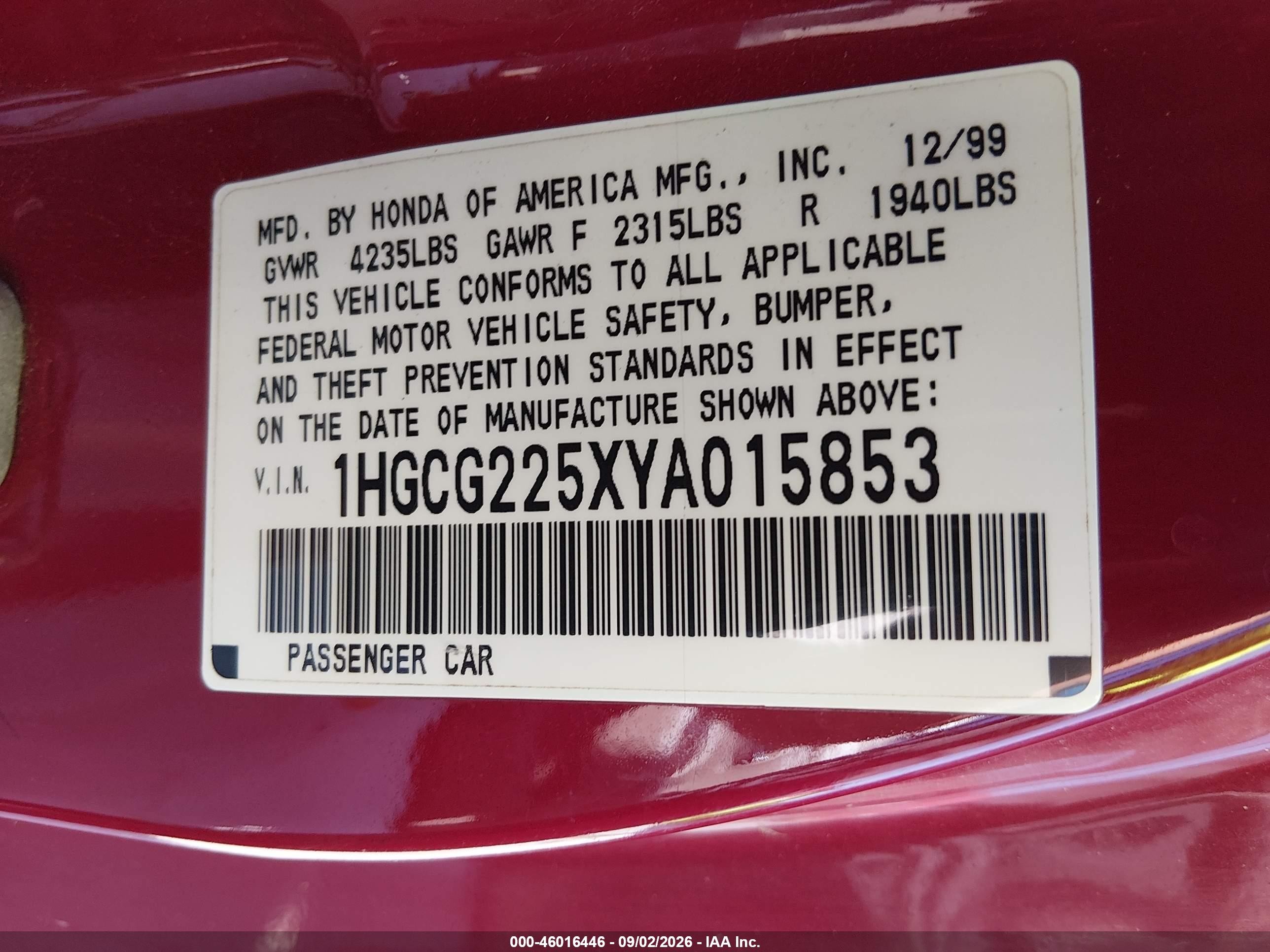 2000 Honda Accord 3.0 Ex Red vin: 1HGCG225XYA015853
