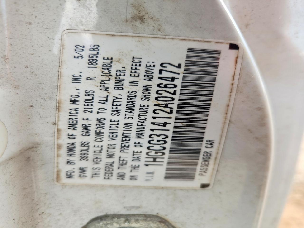 2002 Honda Accord Lx White vin: 1HGCG31412A026472