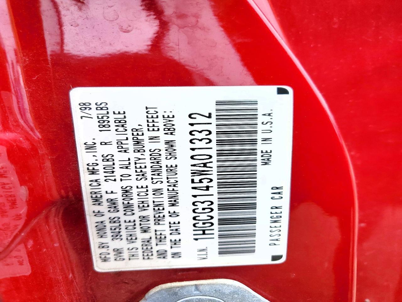 1998 Honda Accord Lx Red vin: 1HGCG3145WA013312