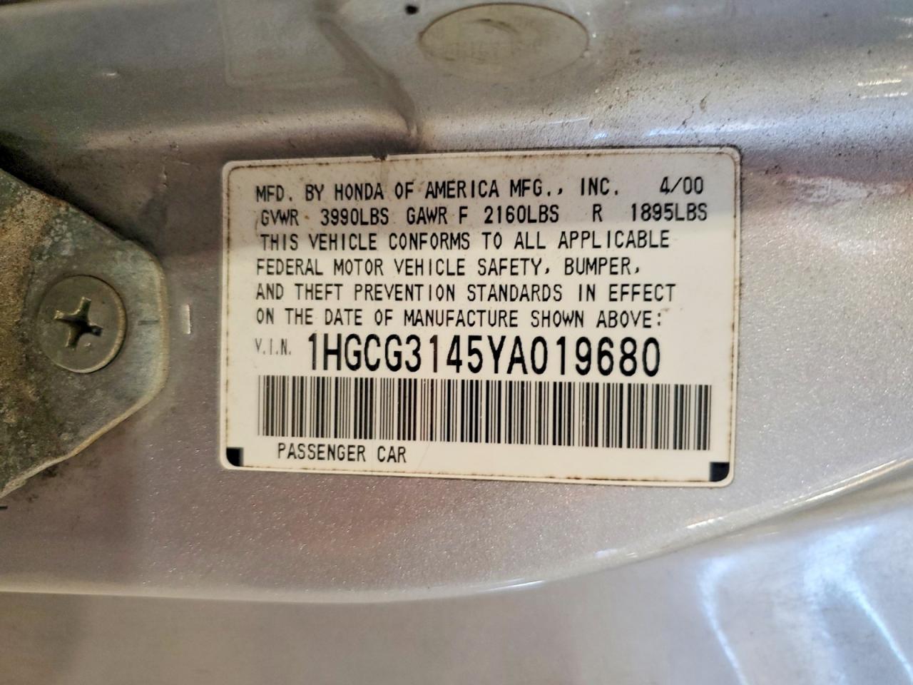 2000 Honda Accord Lx Серебряный vin: 1HGCG3145YA019680