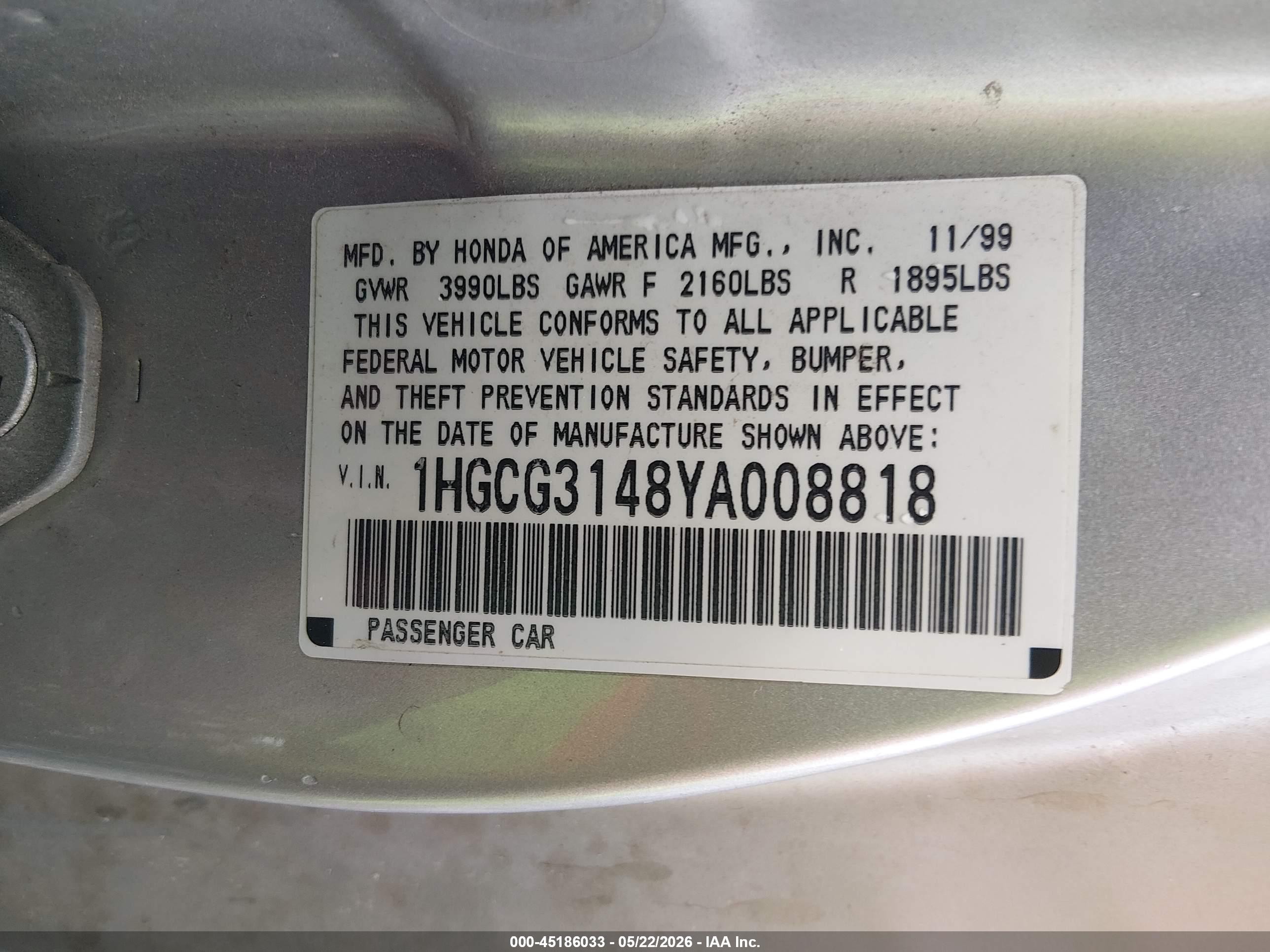 2000 Honda Accord 2.3 Lx Silver vin: 1HGCG3148YA008818