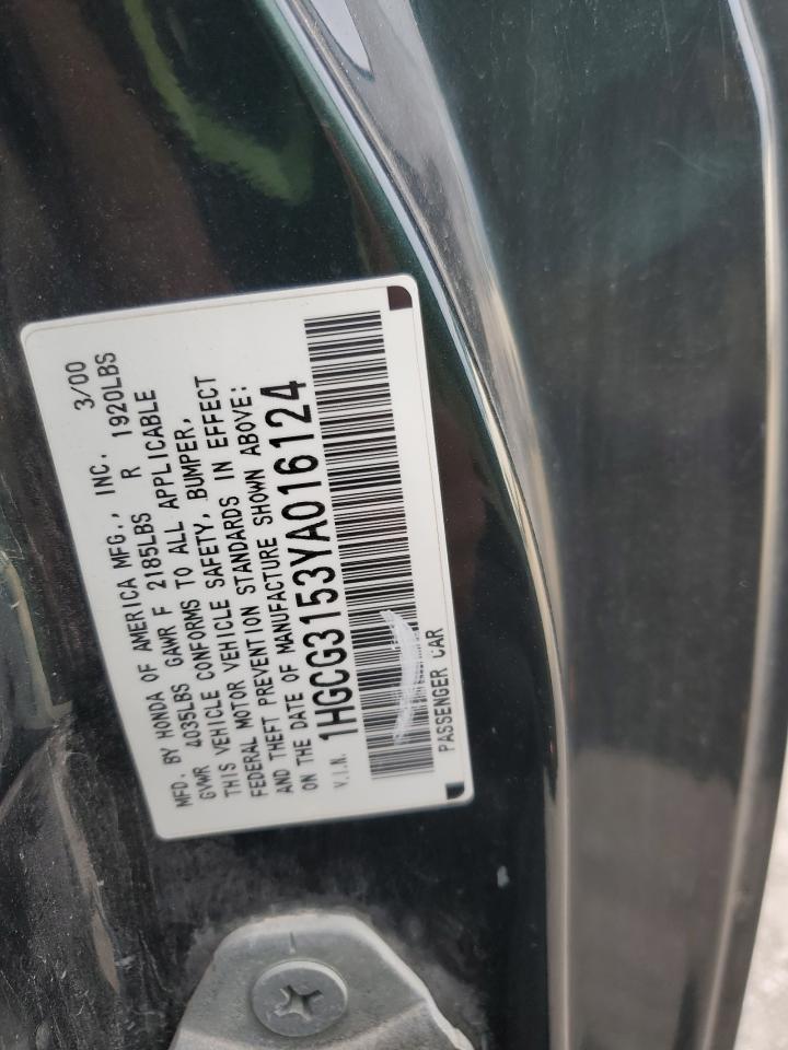 2000 Honda Accord Ex Green vin: 1HGCG3153YA016124