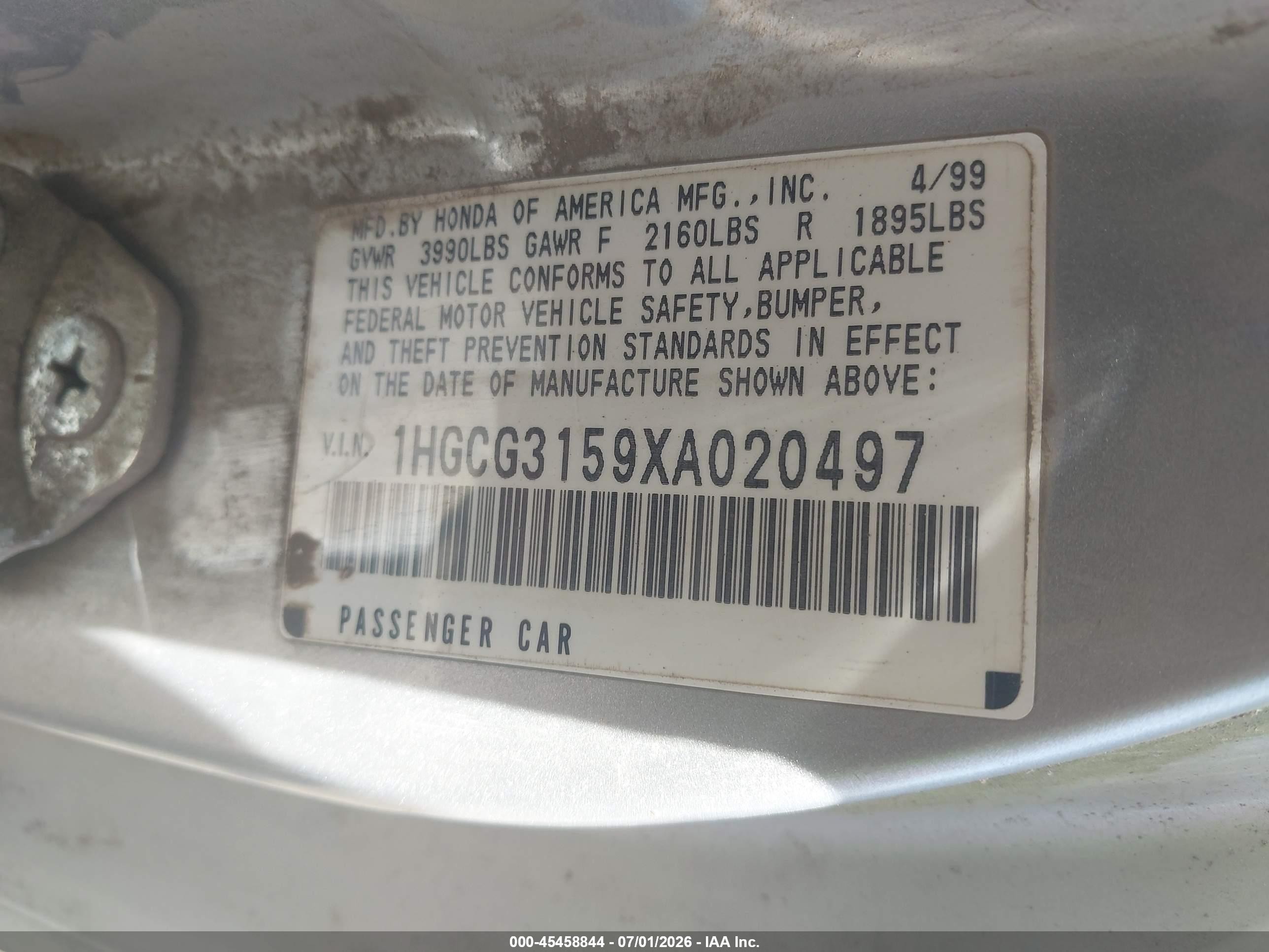 1999 Honda Accord Ex Silver vin: 1HGCG3159XA020497