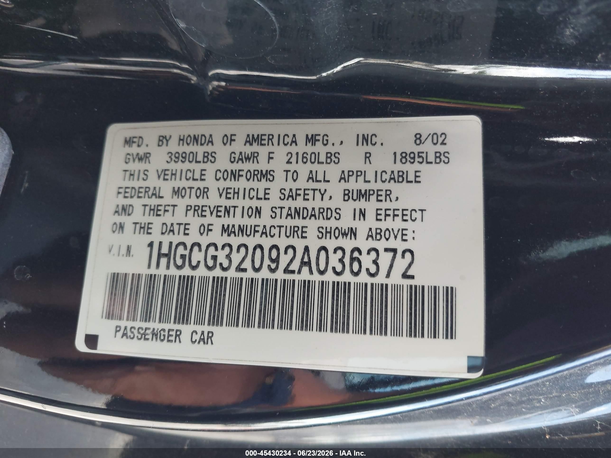 2002 Honda Accord 2.3 Se Black vin: 1HGCG32092A036372