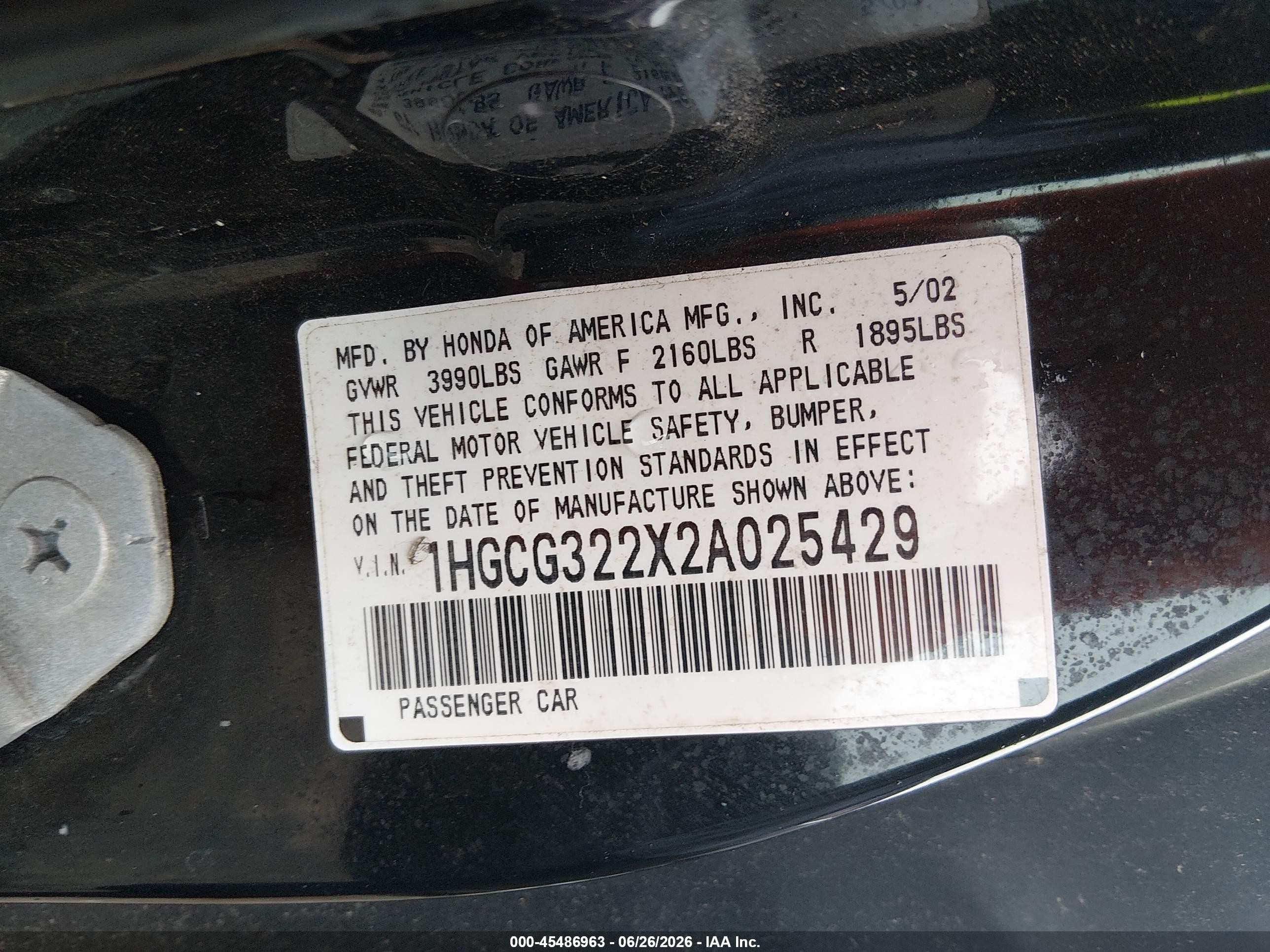2002 Honda Accord 2.3 Se Black vin: 1HGCG322X2A025429