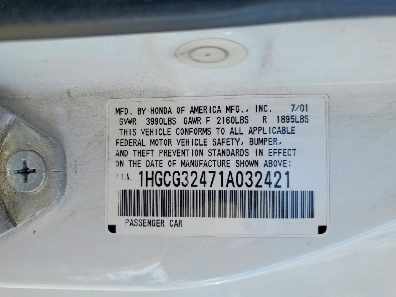 2001 Honda Accord Lx White vin: 1HGCG32471A032421