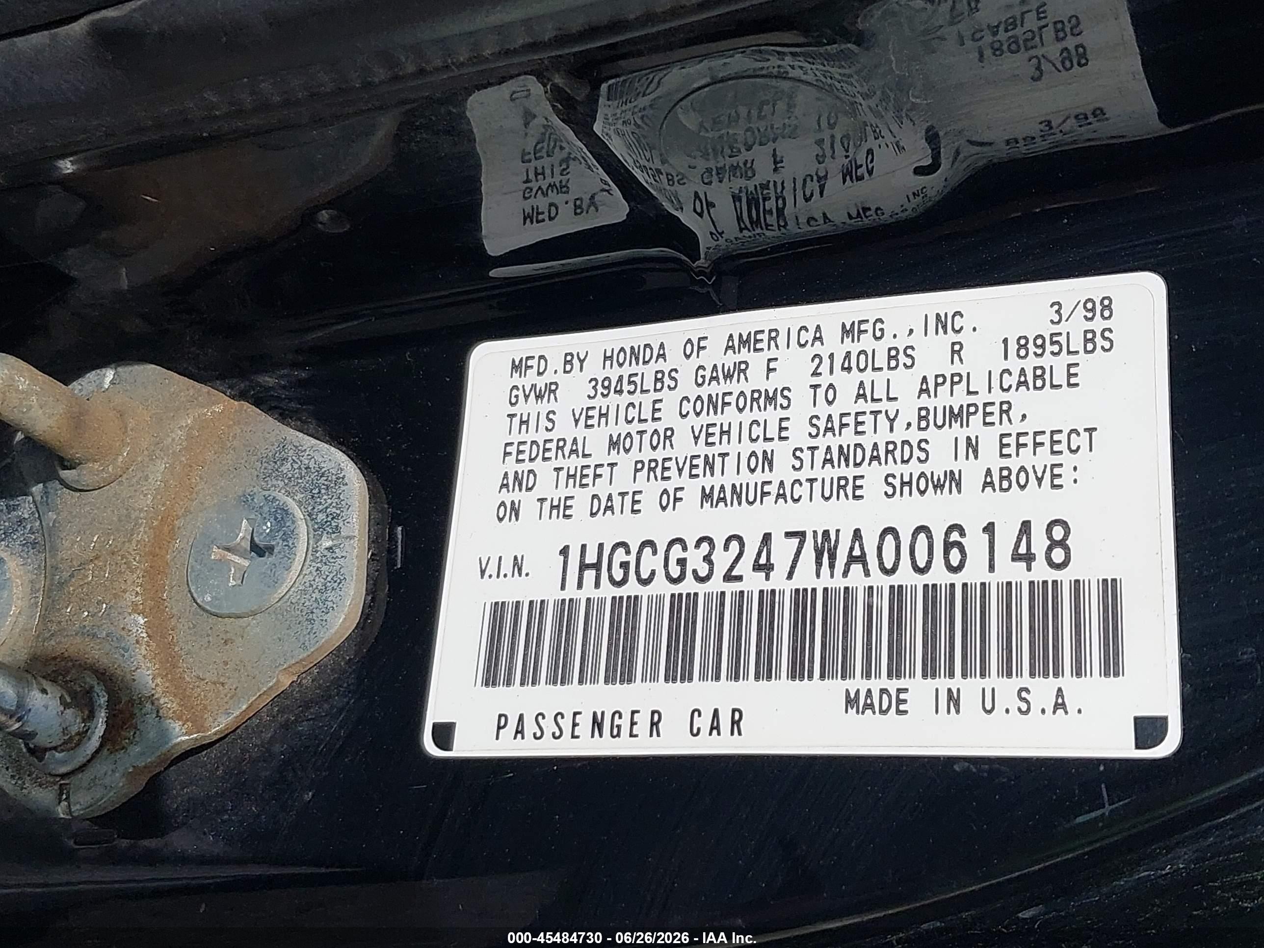 1998 Honda Accord Lx Black vin: 1HGCG3247WA006148