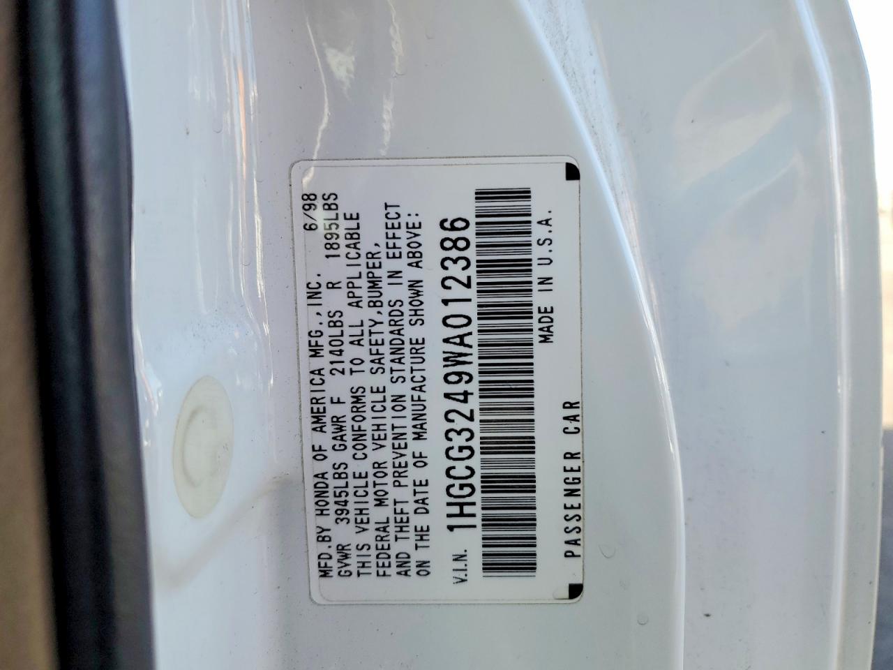 1998 Honda Accord Lx White vin: 1HGCG3249WA012386