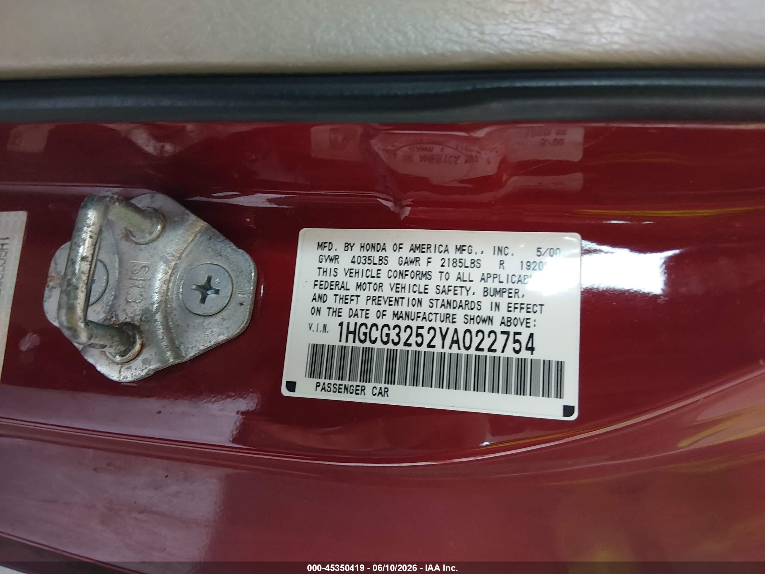 2000 Honda Accord 2.3 Ex Red vin: 1HGCG3252YA022754