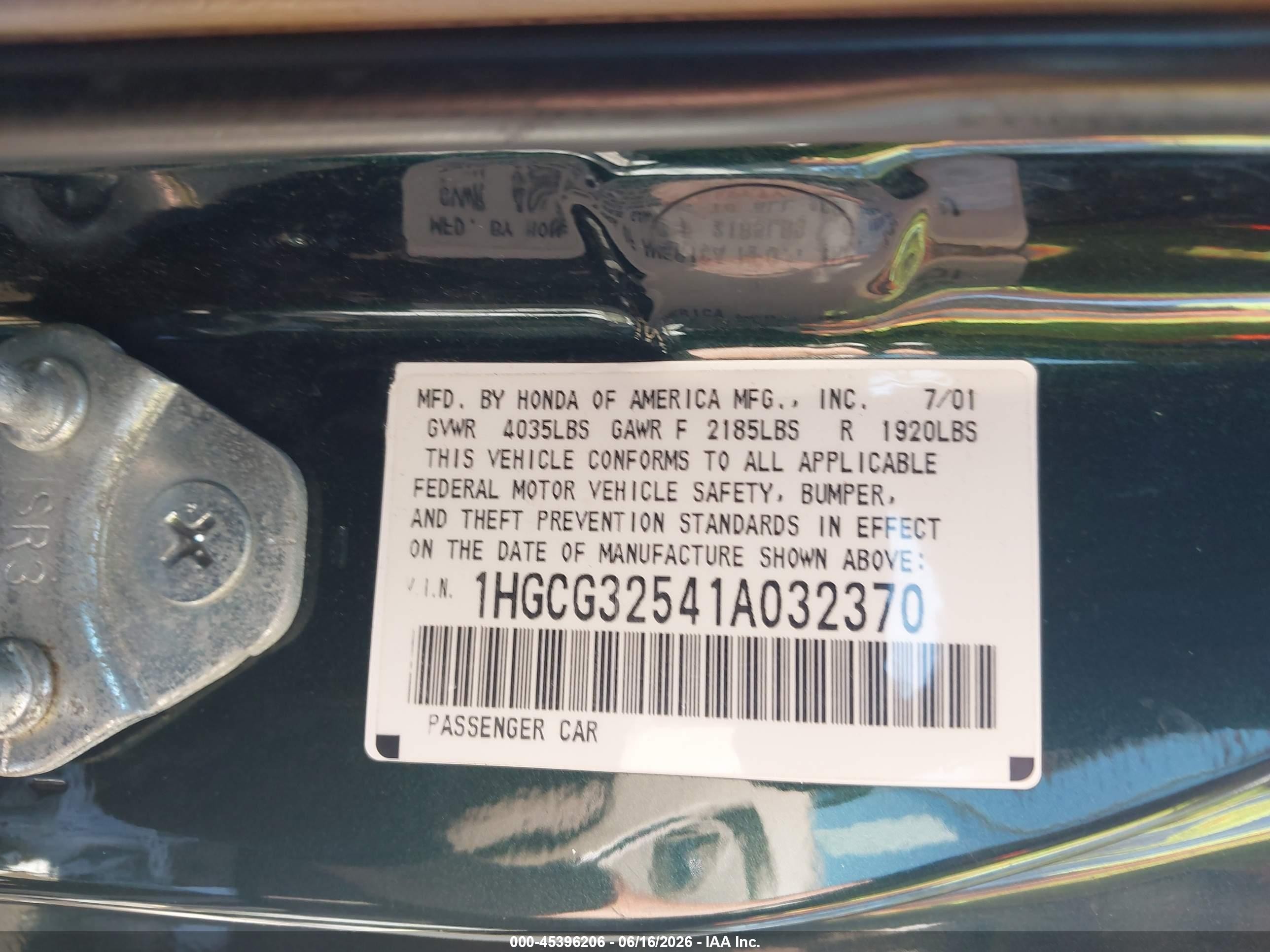 2001 Honda Accord 2.3 Ex Green vin: 1HGCG32541A032370