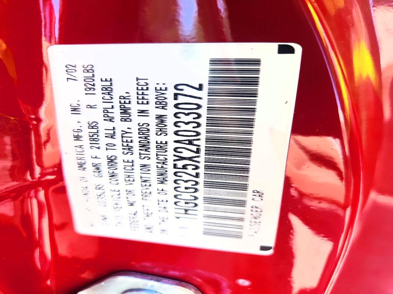 2002 Honda Accord Ex Red vin: 1HGCG325X2A033072