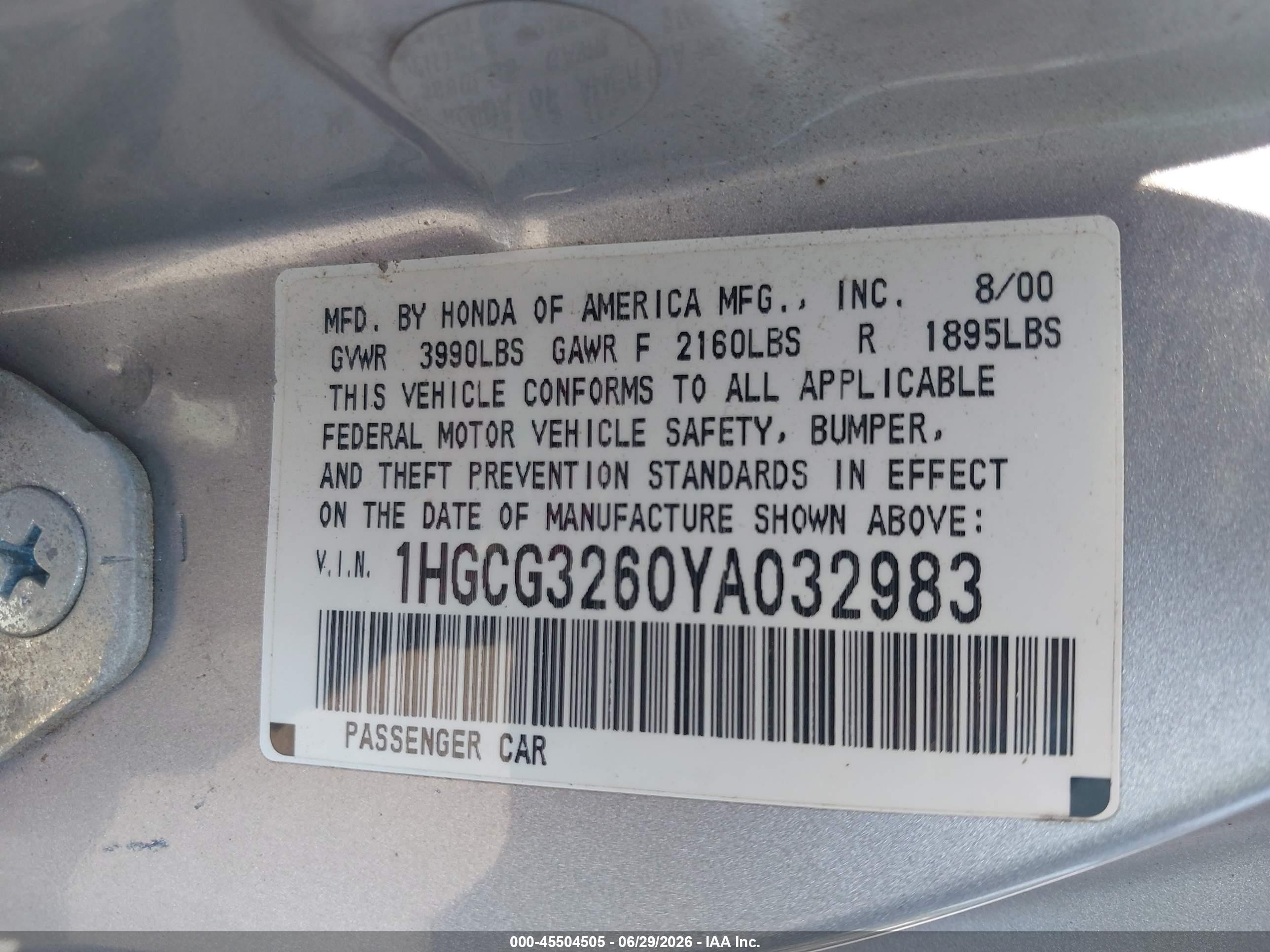 2000 Honda Accord 2.3 Lx Silver vin: 1HGCG3260YA032983