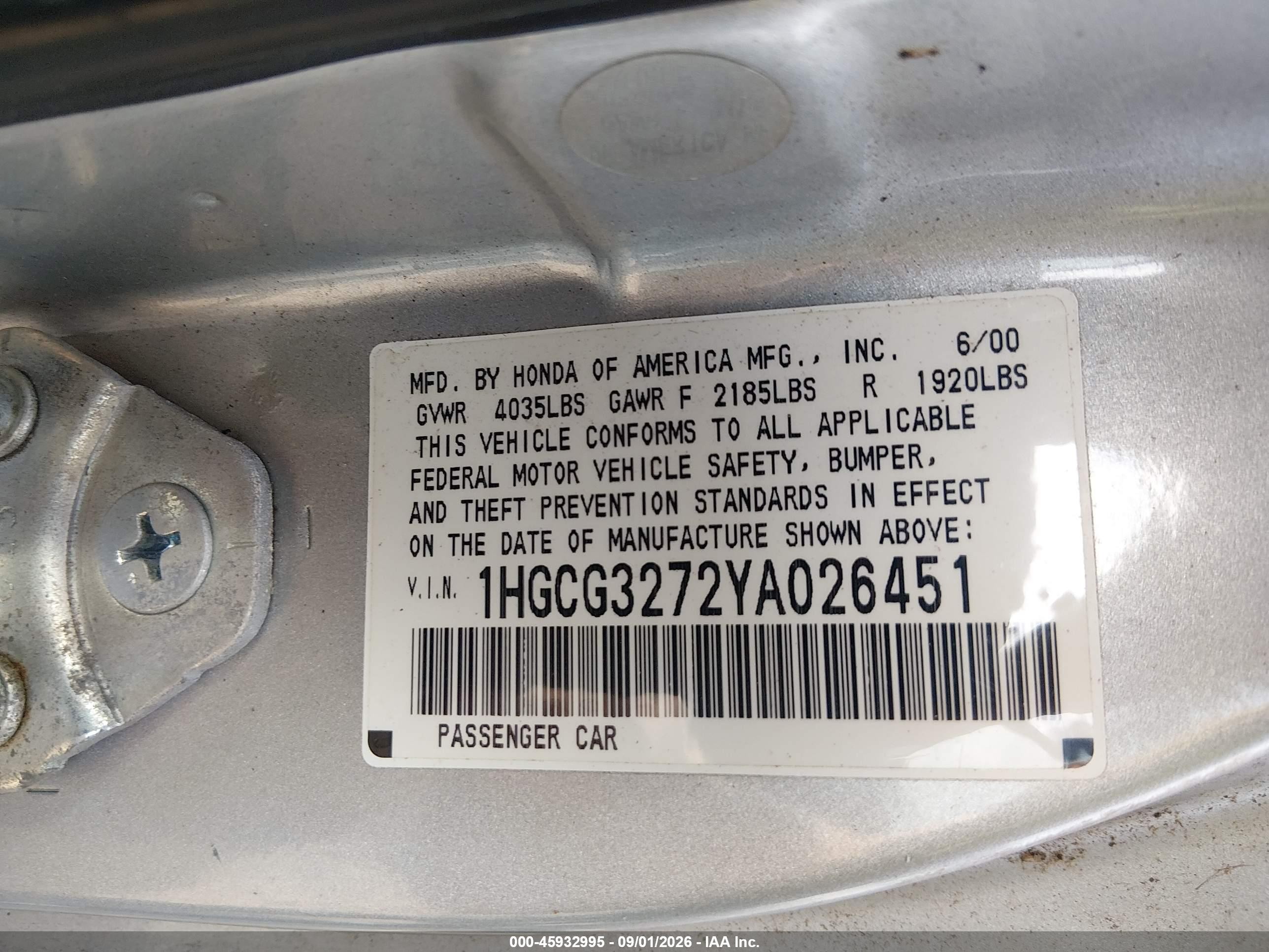 2000 Honda Accord 2.3 Ex Silver vin: 1HGCG3272YA026451