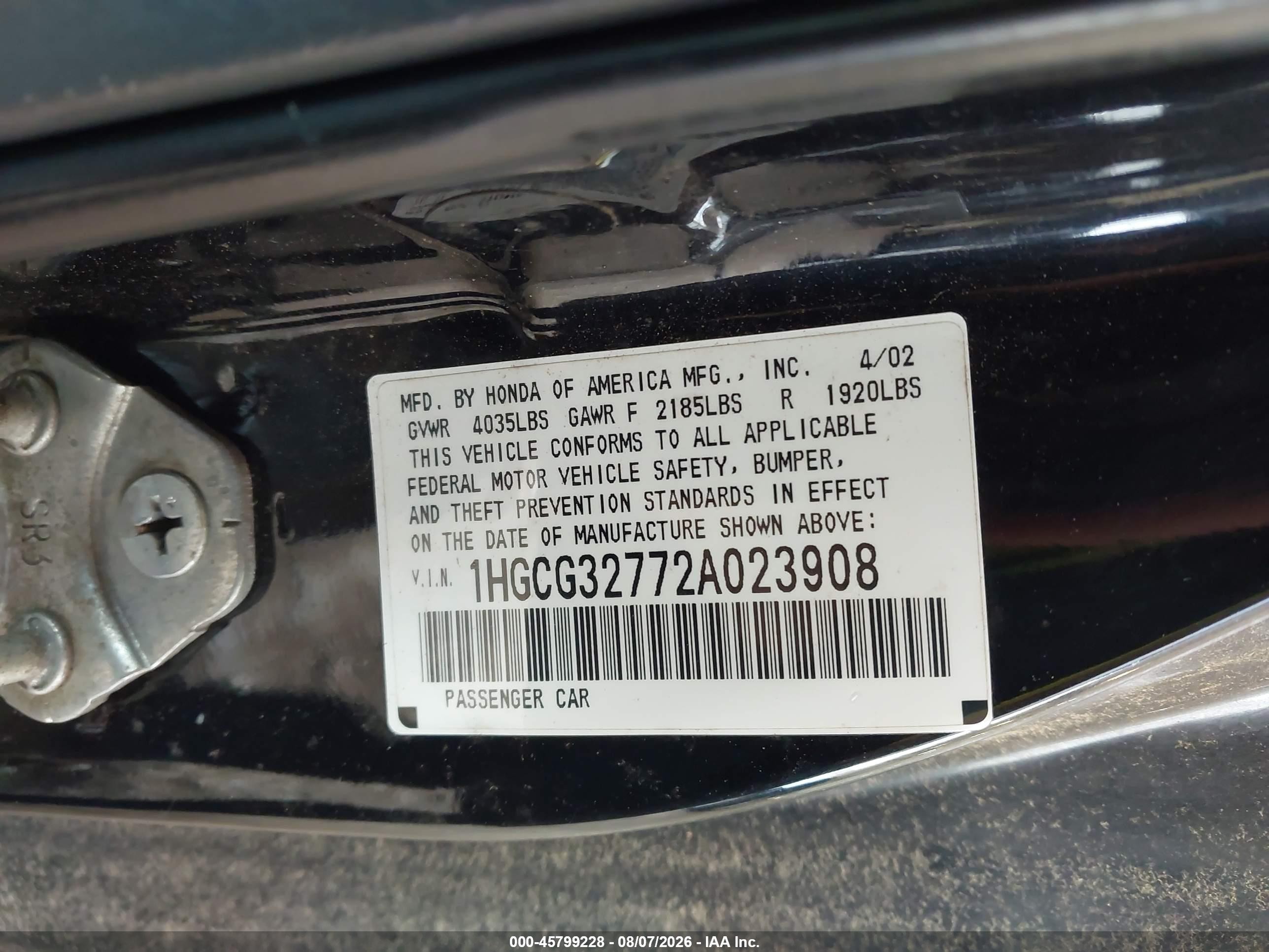 2002 Honda Accord 2.3 Ex Black vin: 1HGCG32772A023908