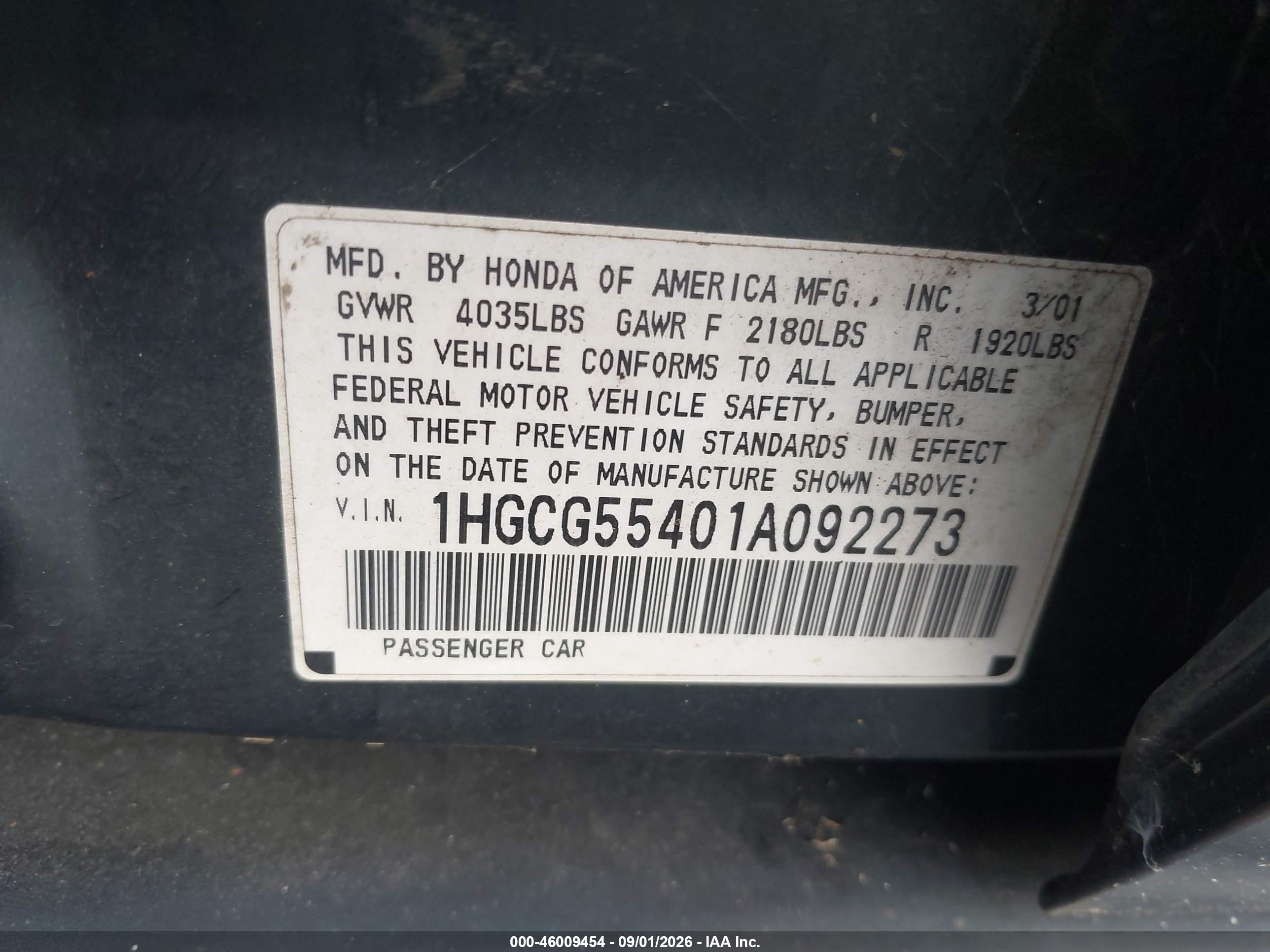 2001 Honda Accord 2.3 Lx Зеленый vin: 1HGCG55401A092273