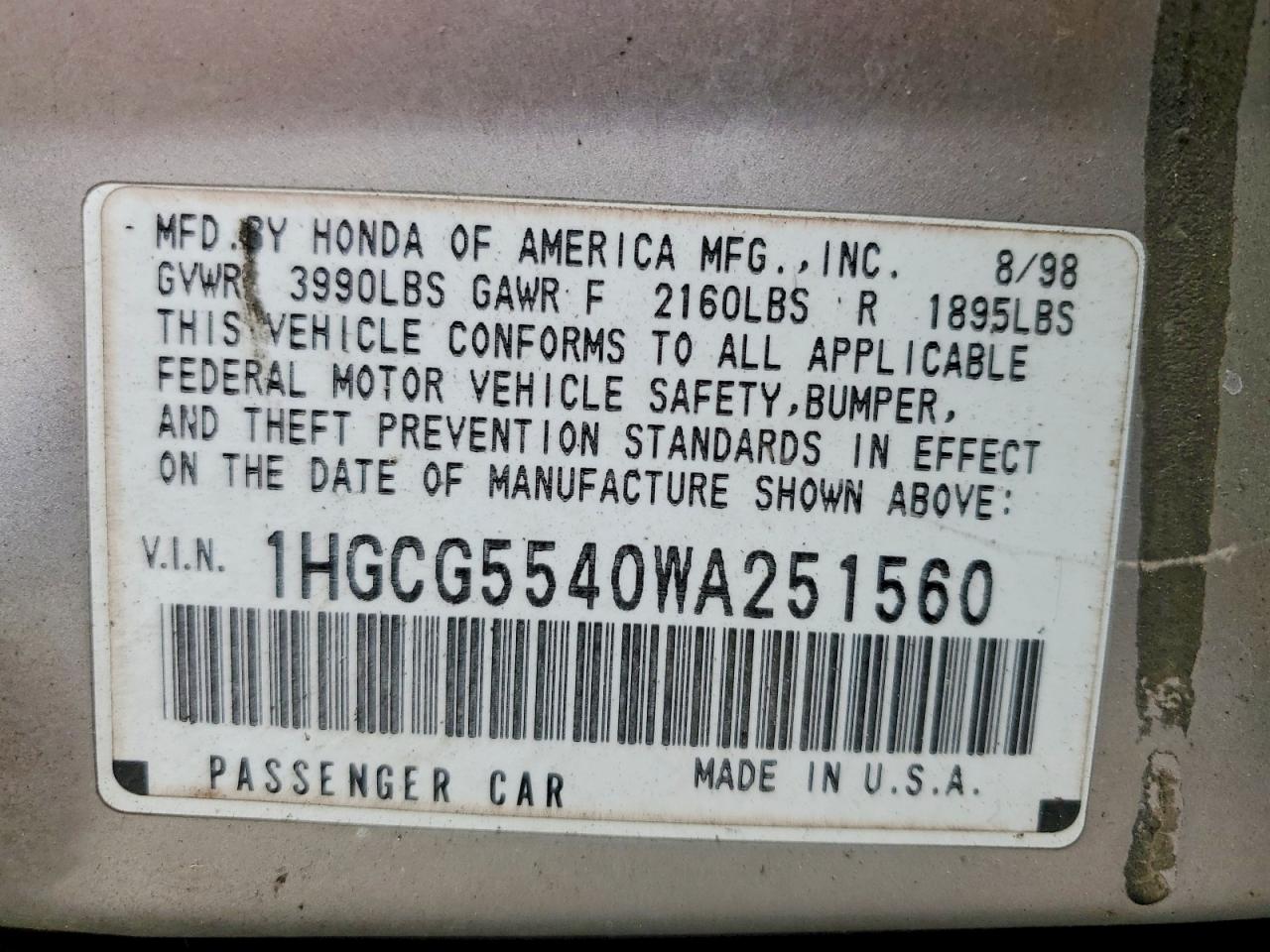 1998 Honda Accord Lx Silver vin: 1HGCG5540WA251560