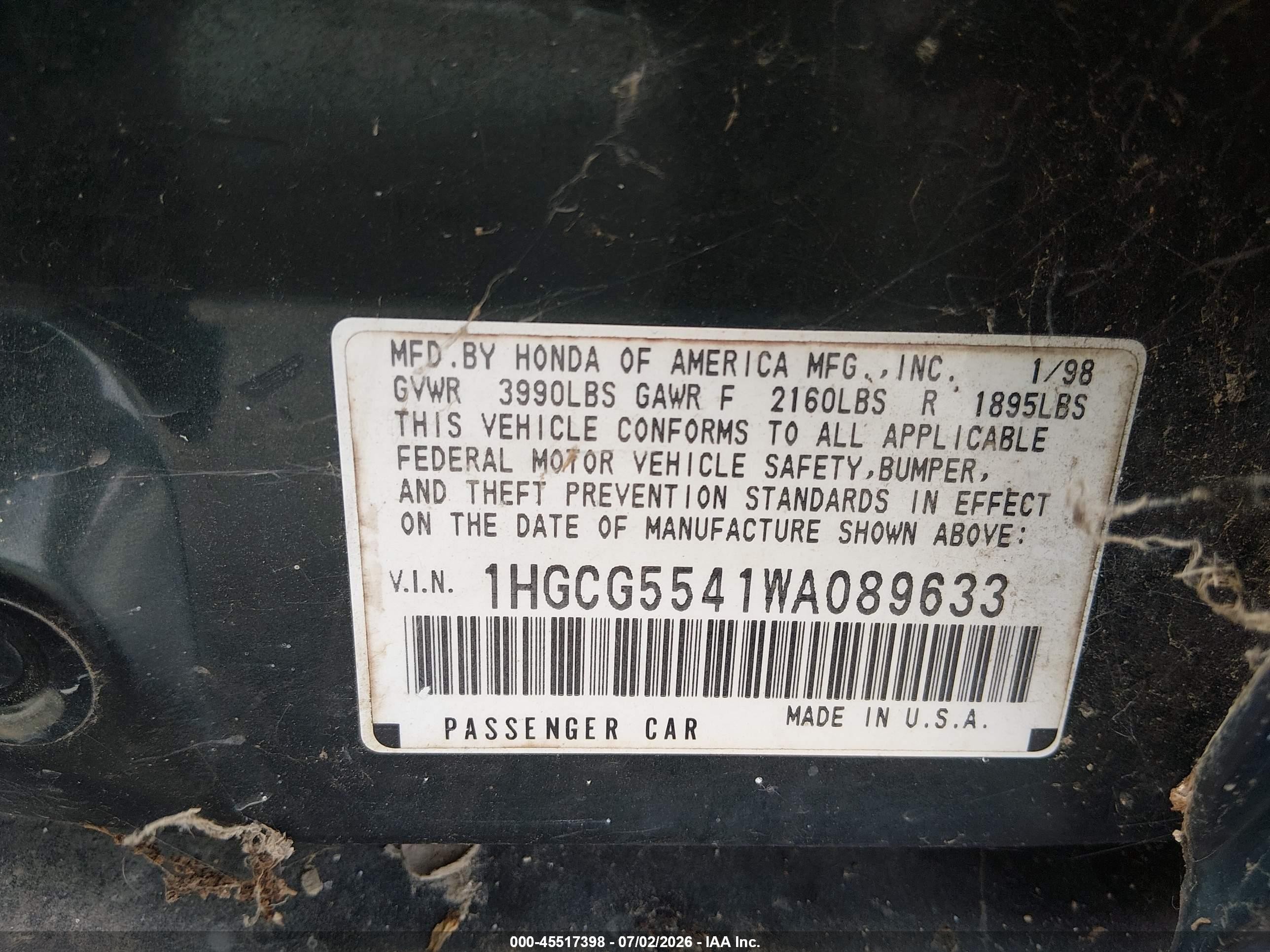 1998 Honda Accord Lx Green vin: 1HGCG5541WA089633