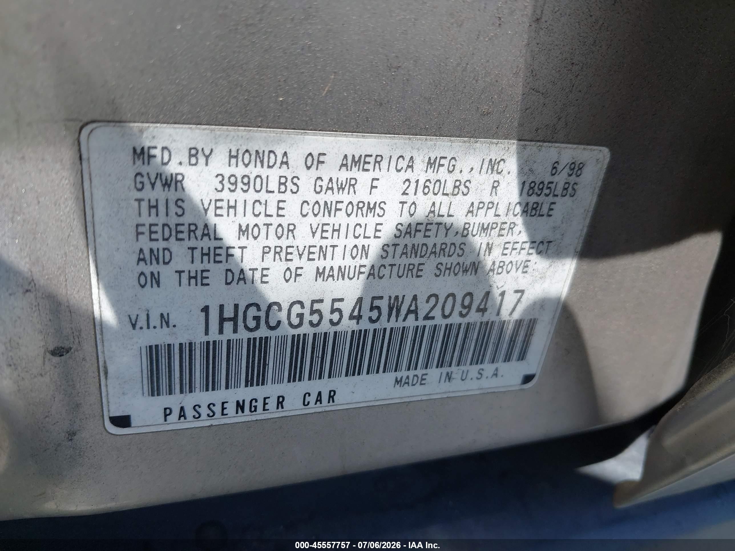 1998 Honda Accord Lx Silver vin: 1HGCG5545WA209417